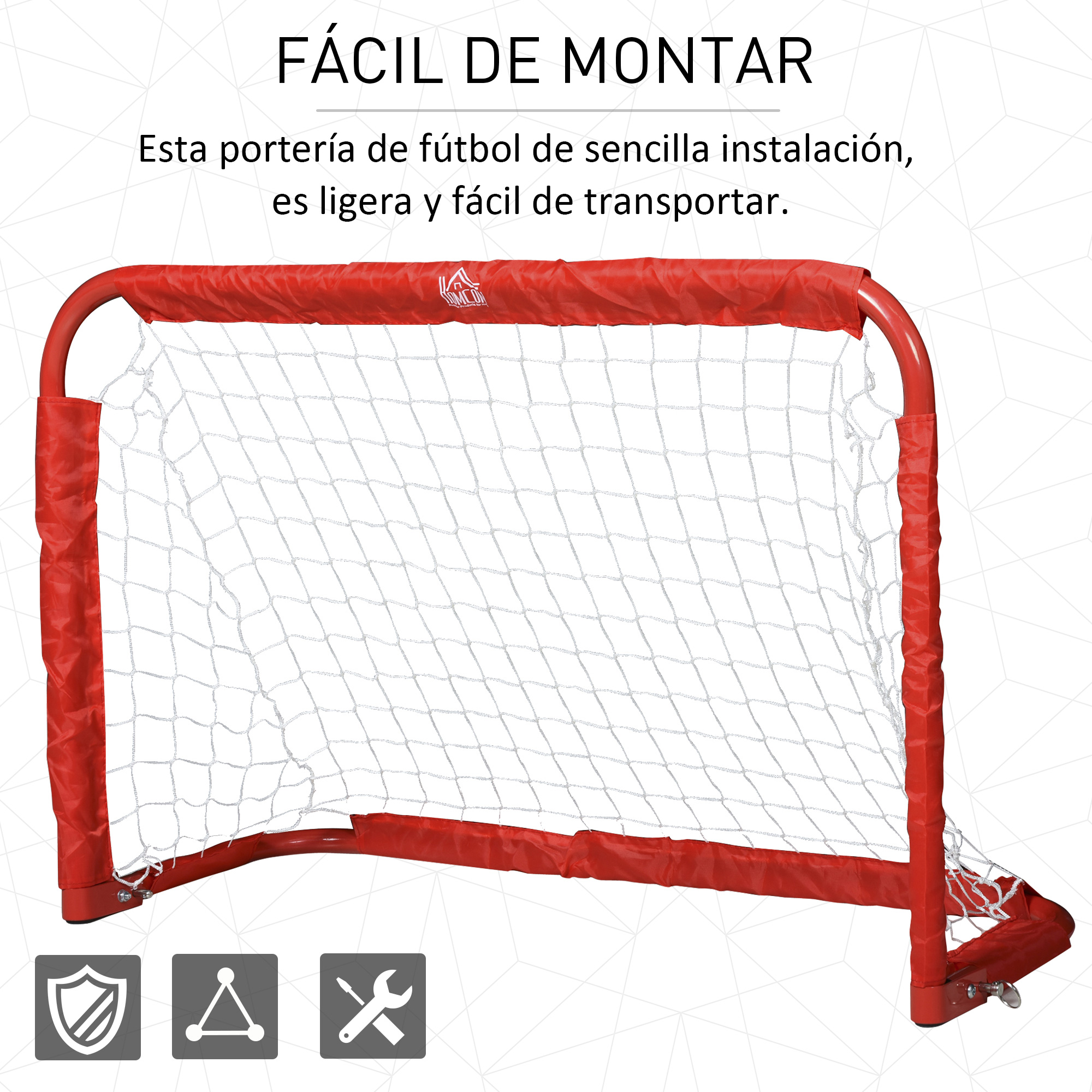Una portería de fútbol roja con redes blancas y un logotipo en la barra superior, sobre un fondo gris.