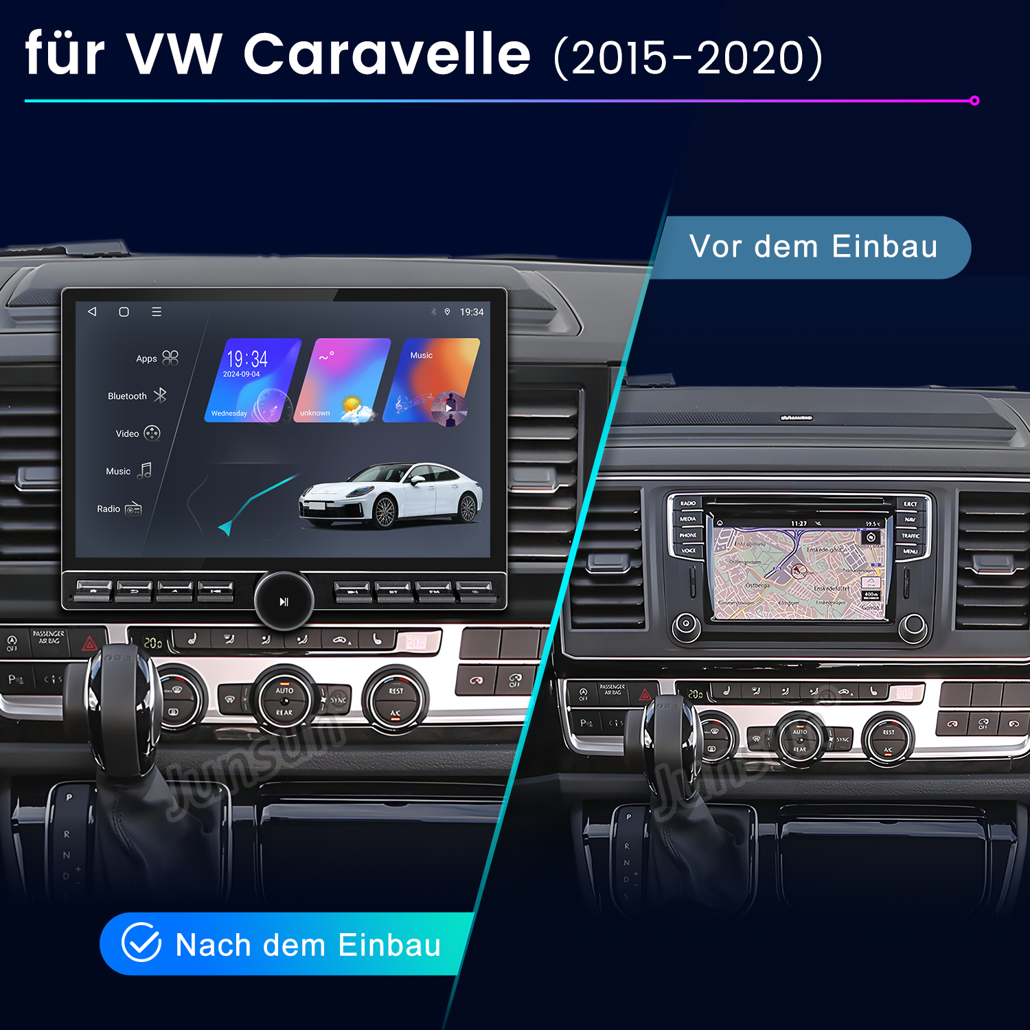 Das Bild zeigt den Unterschied zwischen dem Armaturenbrett eines Autos vor und nach einem Radio-Upgrade.