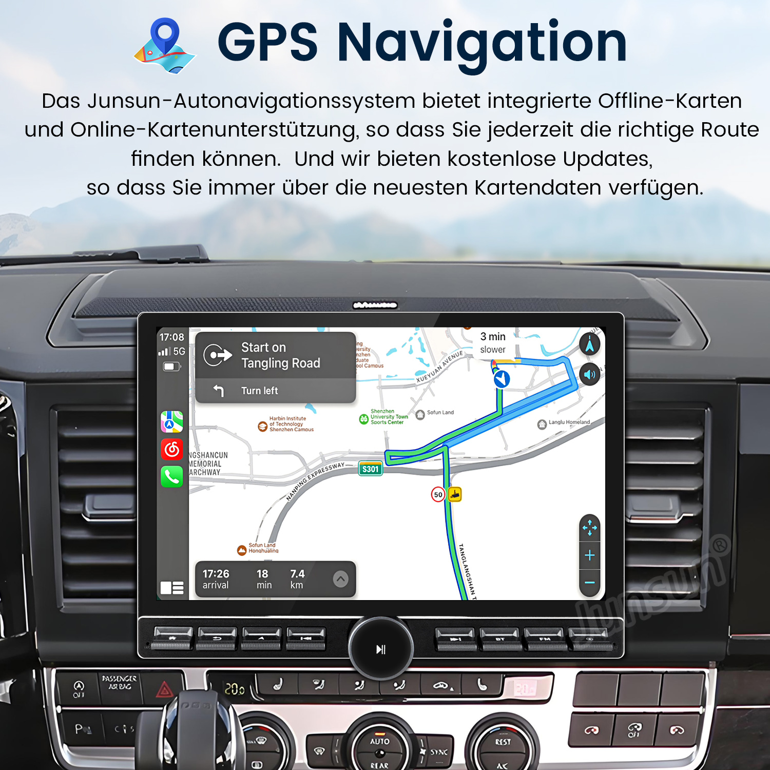 Das Bild zeigt ein GPS-Navigationssystem für Autos mit einer Kartenoberfläche.