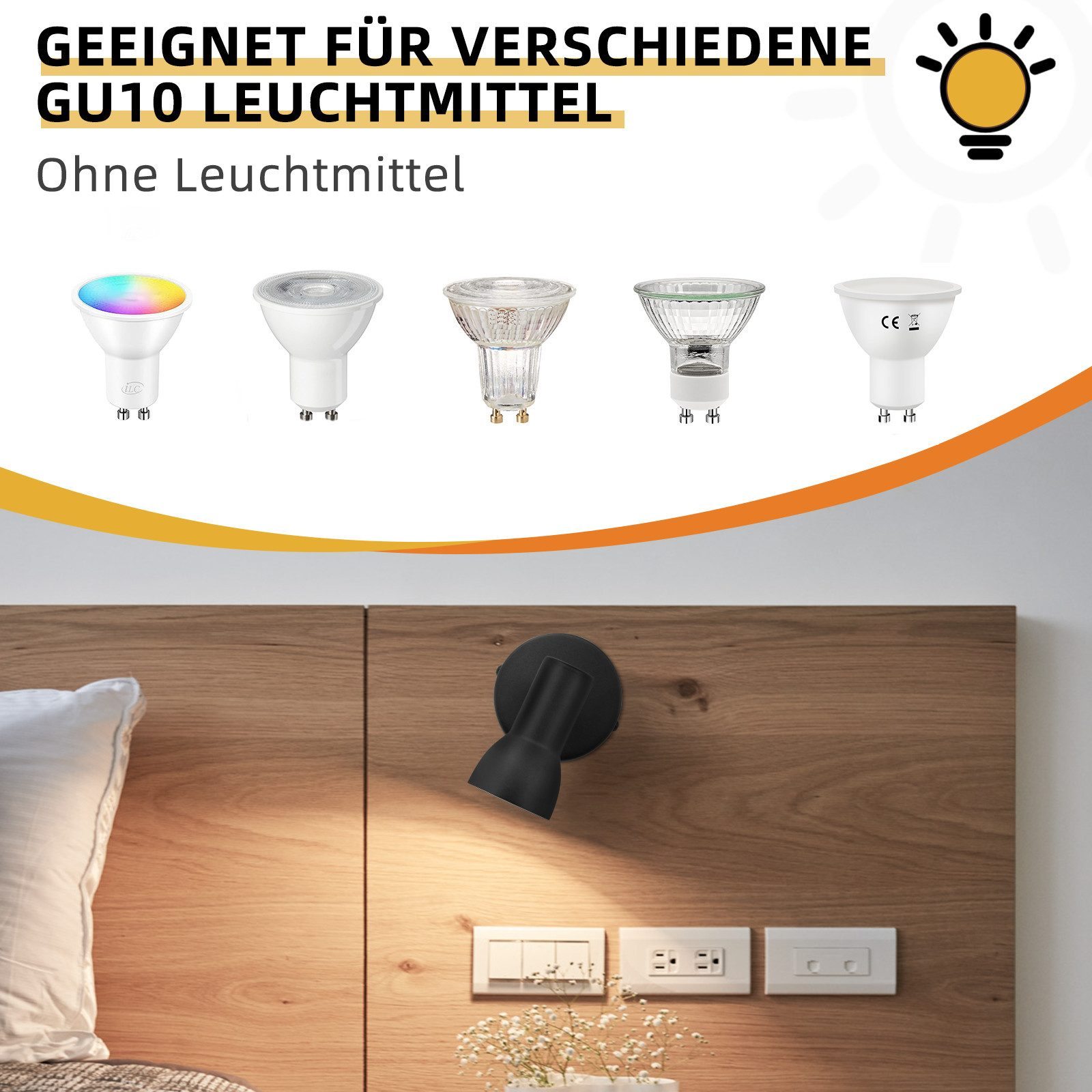 L'immagine mostra diversi tipi di lampadine con un faretto nero.
