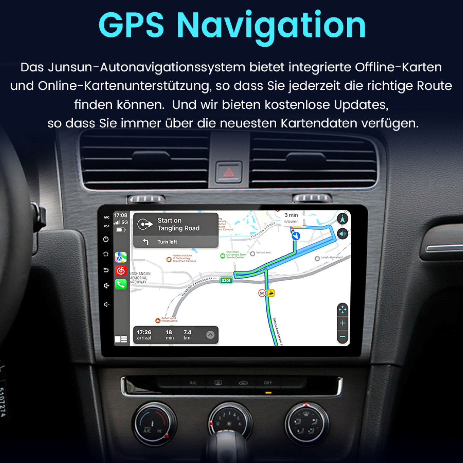 Ein Auto-GPS-Navigationssystem wird auf einem Armaturenbrettbildschirm mit Karten angezeigt.