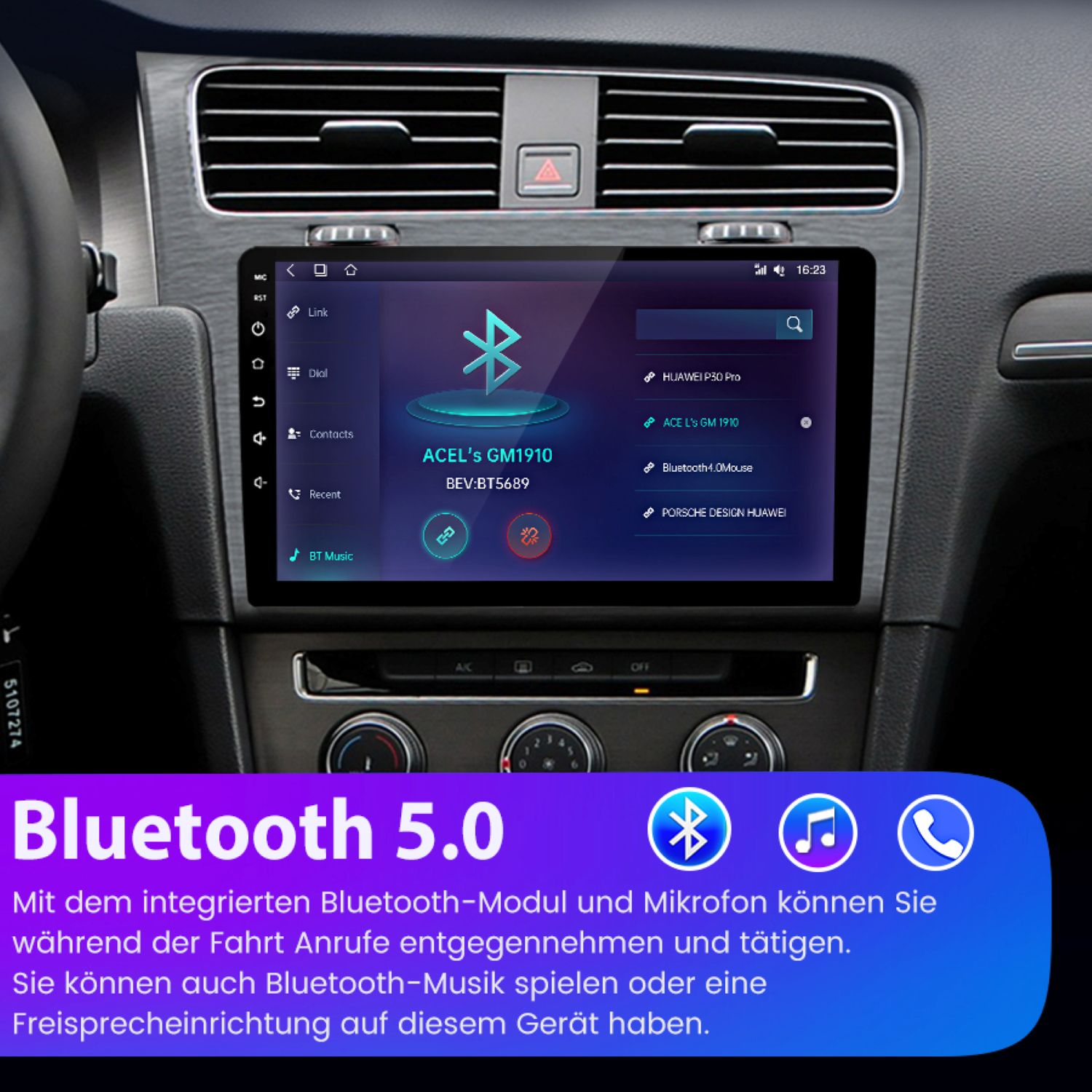 Der Bildschirm des Armaturenbretts eines Autos zeigt die Bluetooth-Verbindung mit einem Mobilgerät.