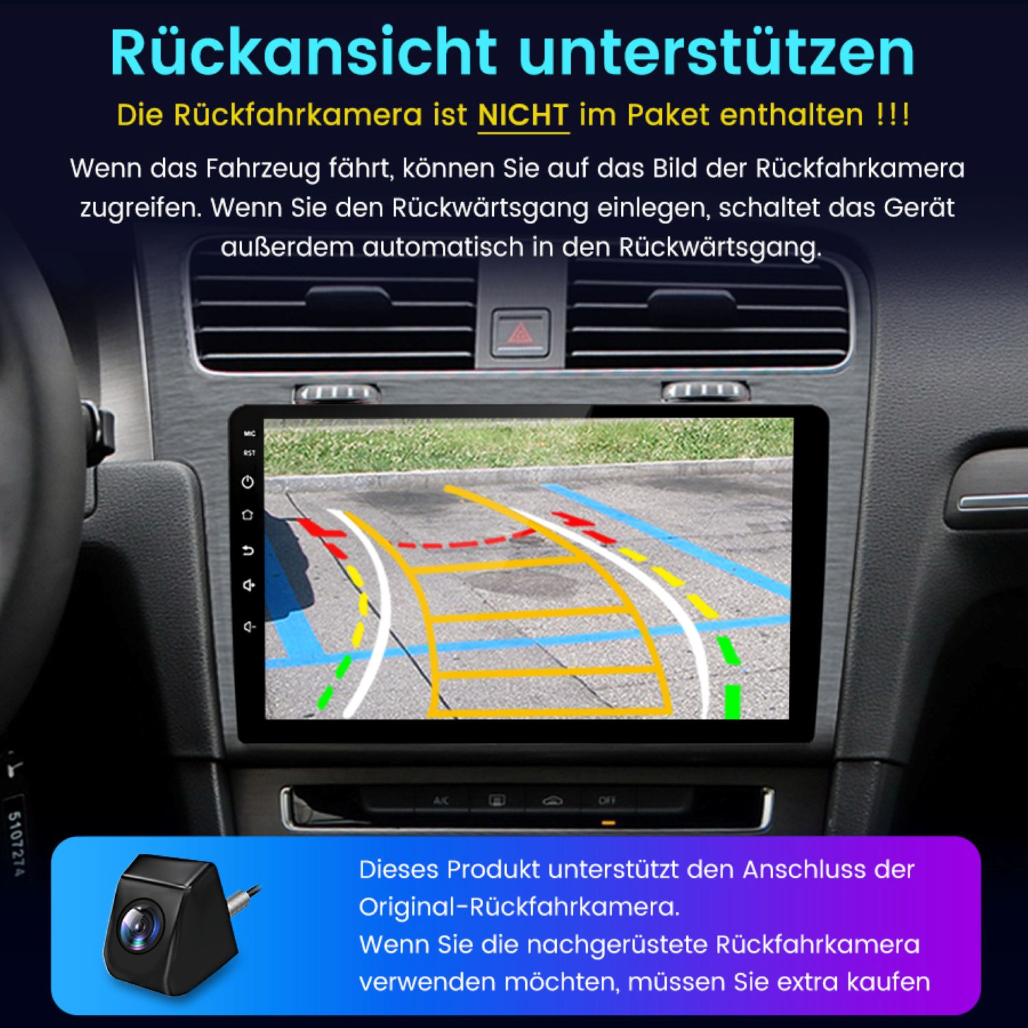 Autoinnenraum mit Bildschirm, der eine Rückfahrkameraview zeigt. Schwarze Kamera unten.