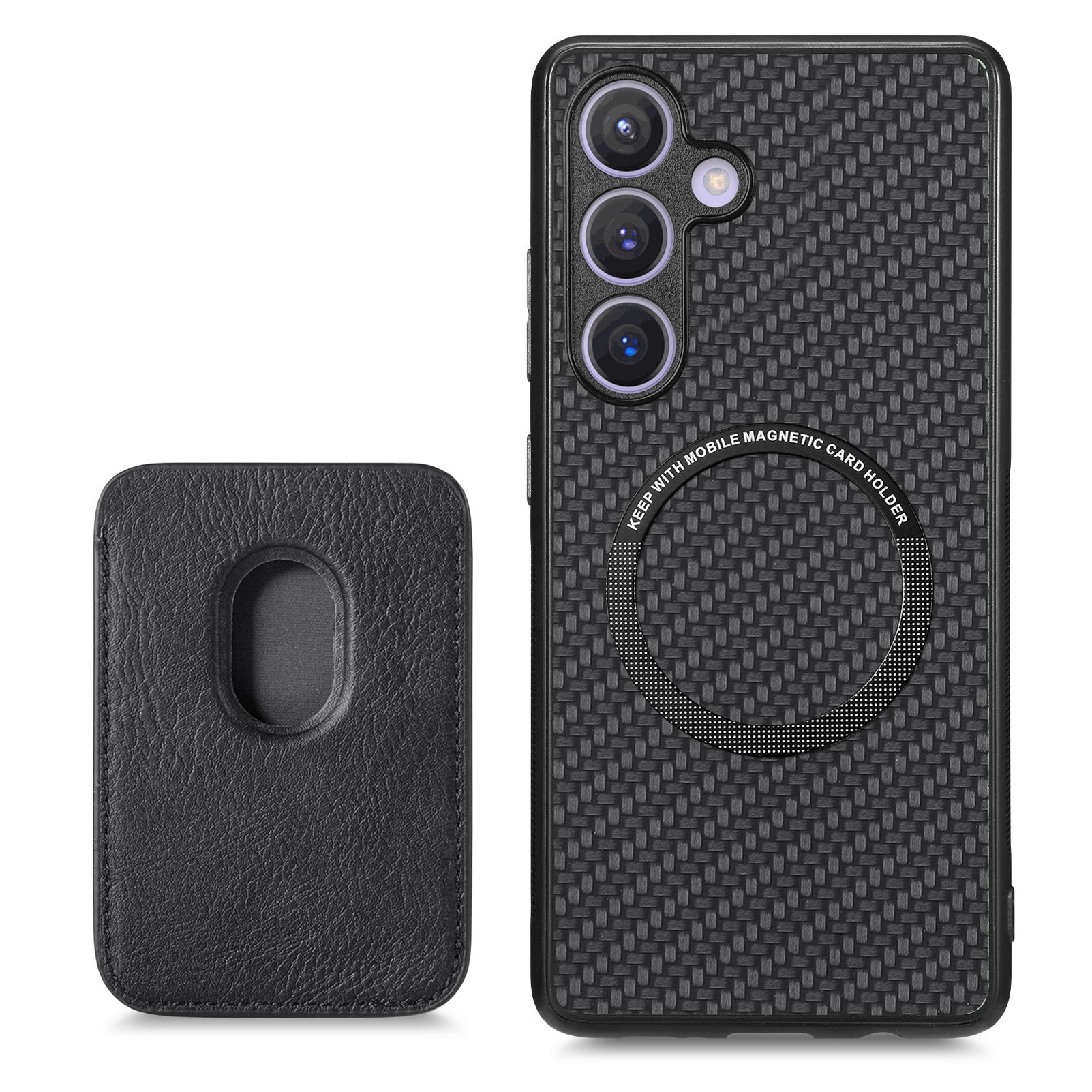Custodia nera per telefono e portafoglio con motivo in fibra di carbonio, supporto magnetico e ritagli per lenti.