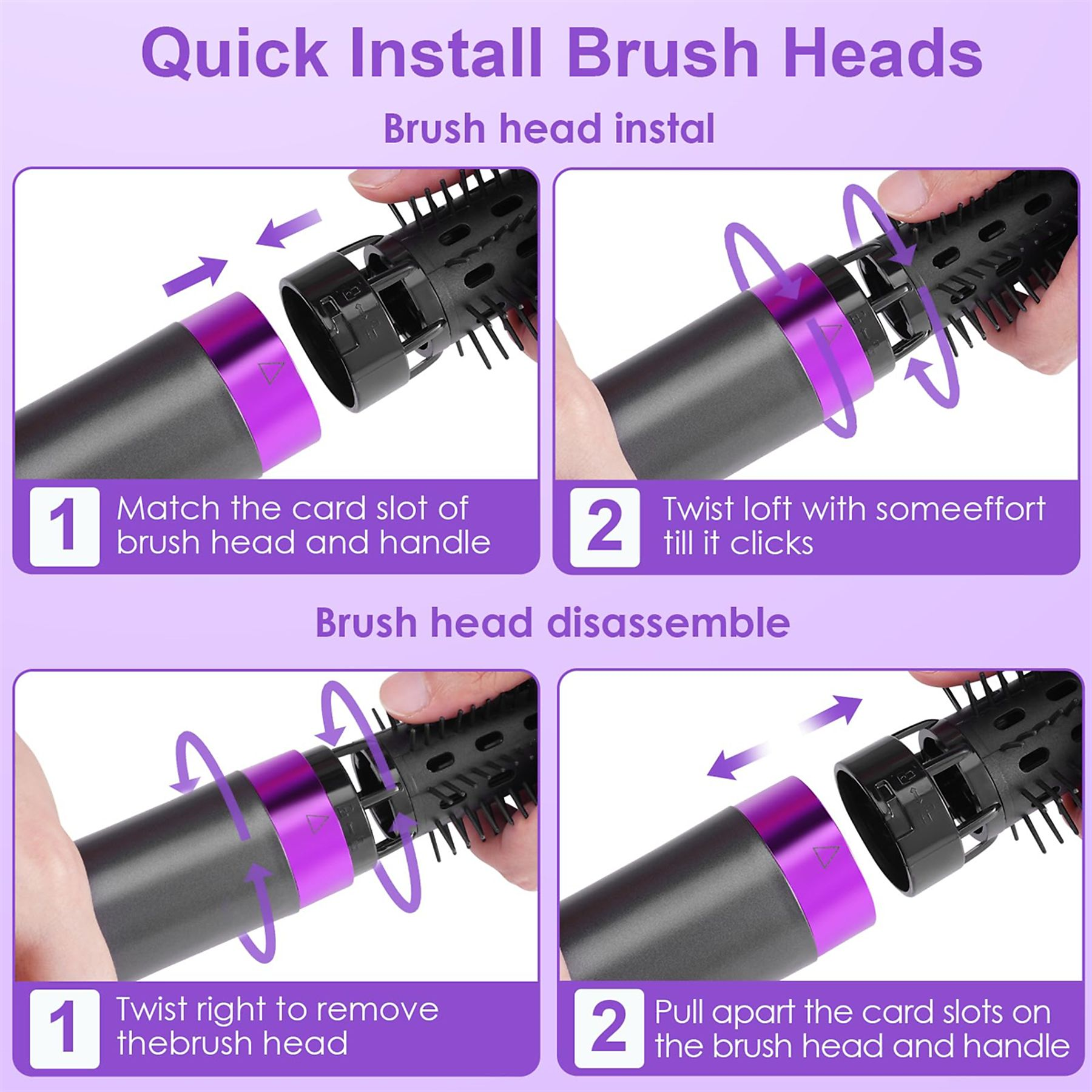 Vier Bilder, die zeigen, wie man Bürstenköpfe an einem Haarstyling-Tool installiert und demontiert.