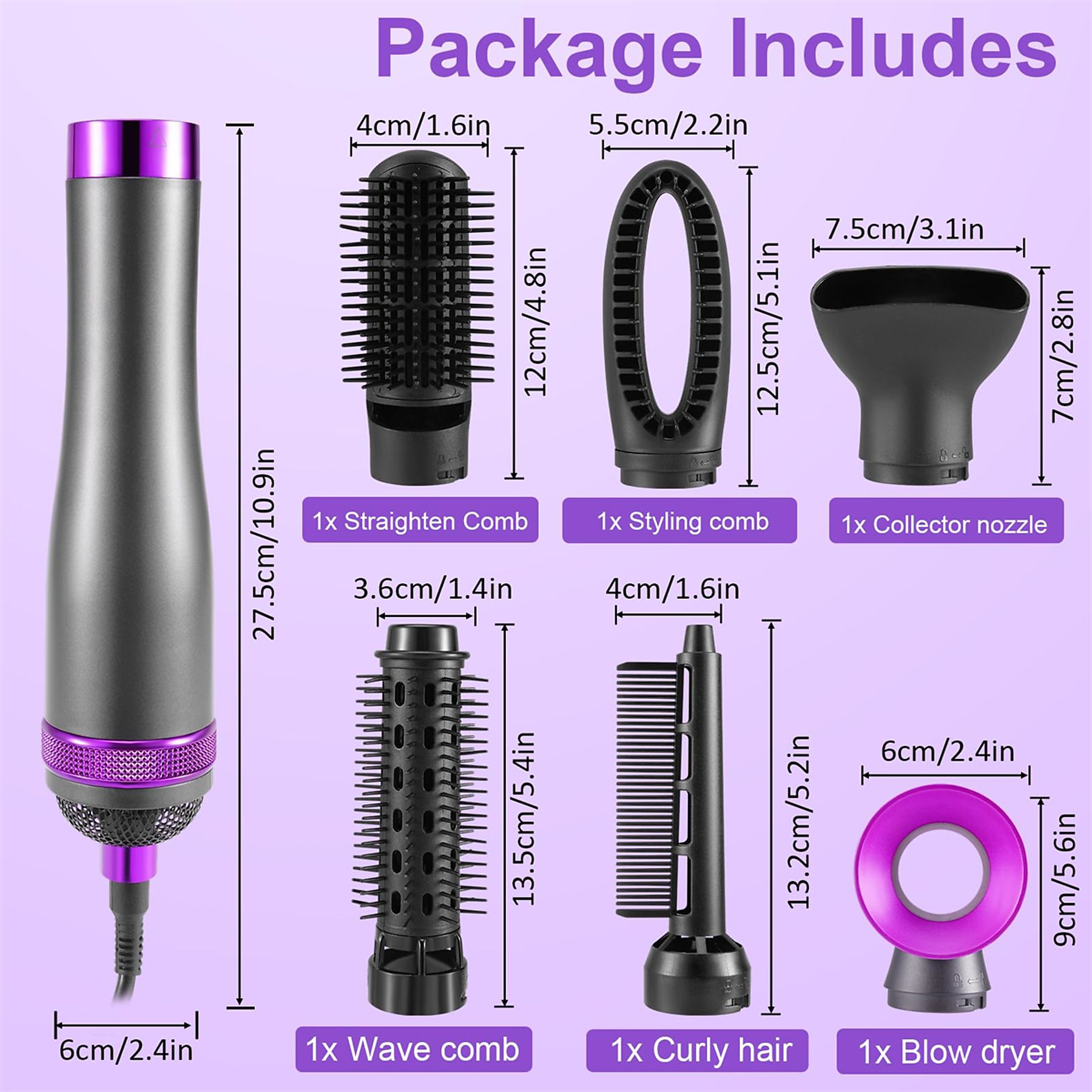 Bild, das den Packungsinhalt eines Haarstyling-Tools zeigt, einschließlich verschiedener Kammaufsätze und Abmessungen.