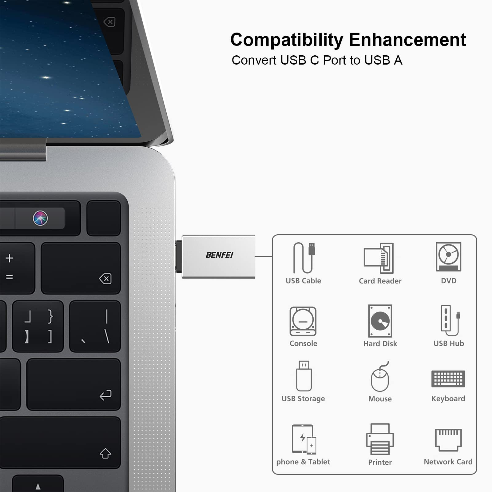 Ein silberner BENFEI USB-C-auf-USB-Adapter ist an einen Laptop angeschlossen, wobei Kompatibilitätssymbole angezeigt werden.