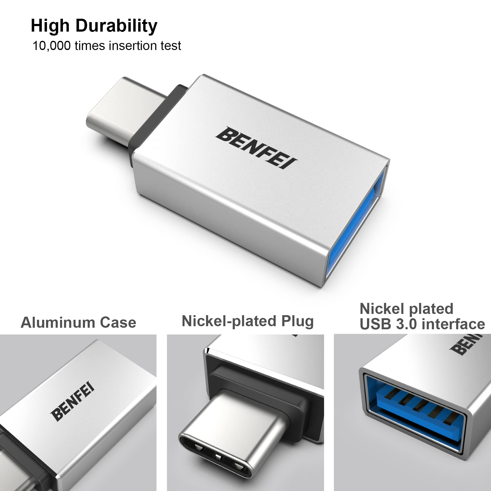 Nahaufnahme eines silbernen BENFEI USB-C-auf-USB-Adapters, der sein Aluminiumgehäuse und den vernickelten Stecker zeigt.