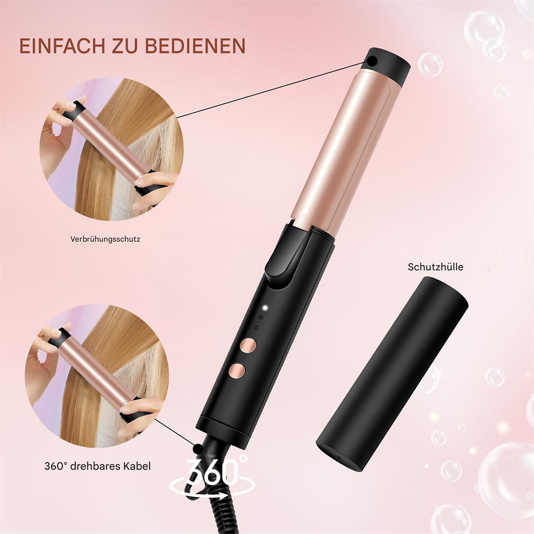 Ein Bild eines Lockenstabs und Haaren. Das Produkt ist schwarz und roségold.