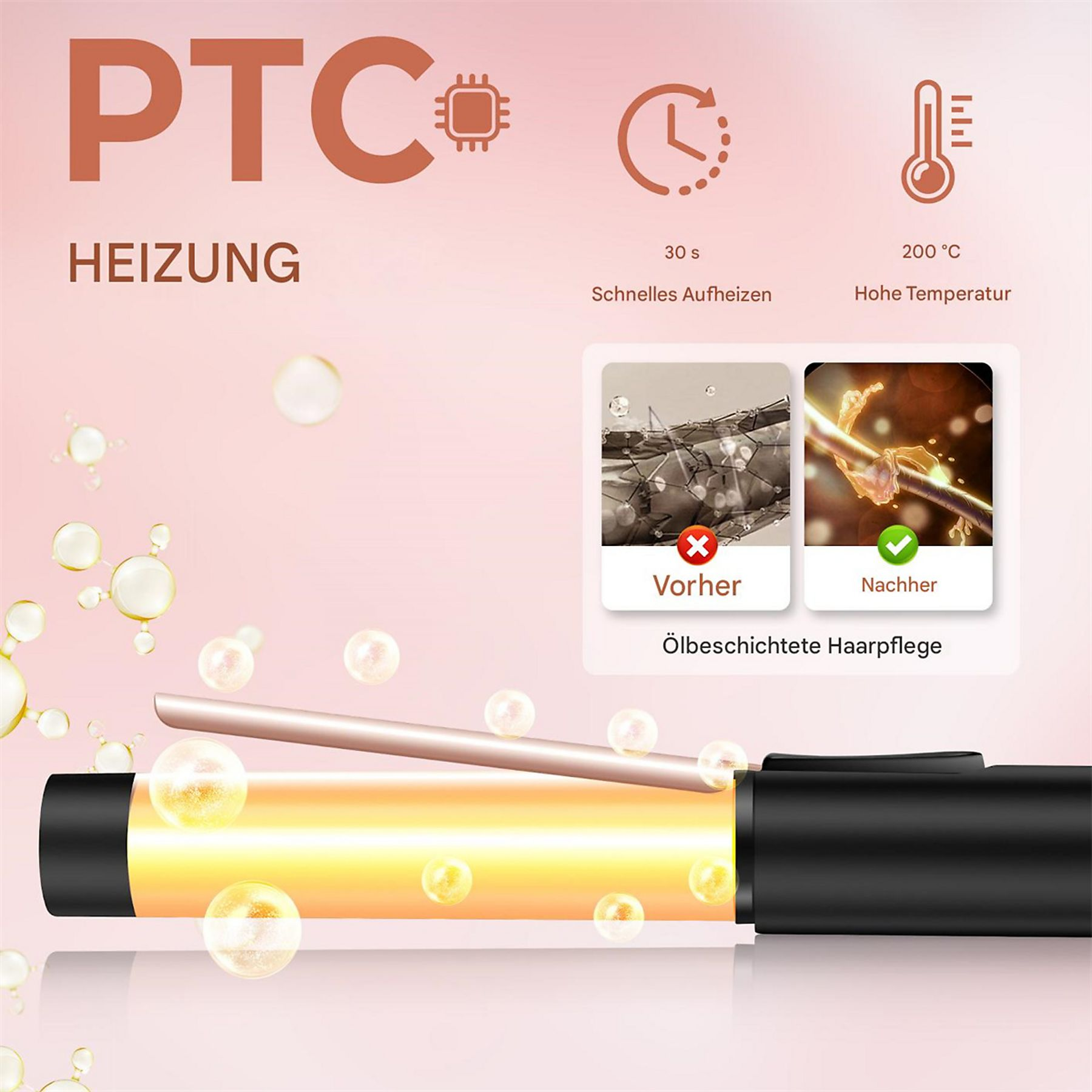 Lockenstab mit PTC-Heizung, schnellem Aufheizen in 30 Sekunden und 200°C.