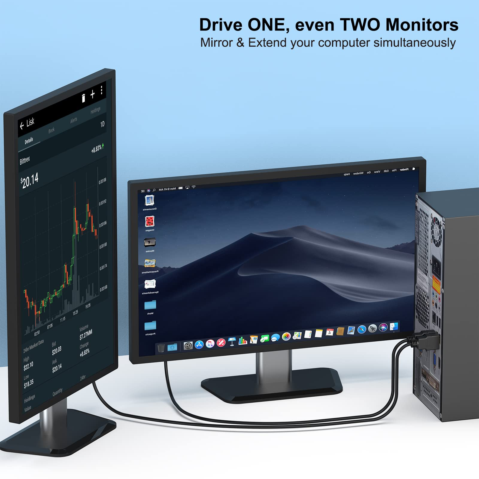 Zwei Monitore, die an einen Computer angeschlossen sind, einer zeigt ein Diagramm, der andere einen Desktop.