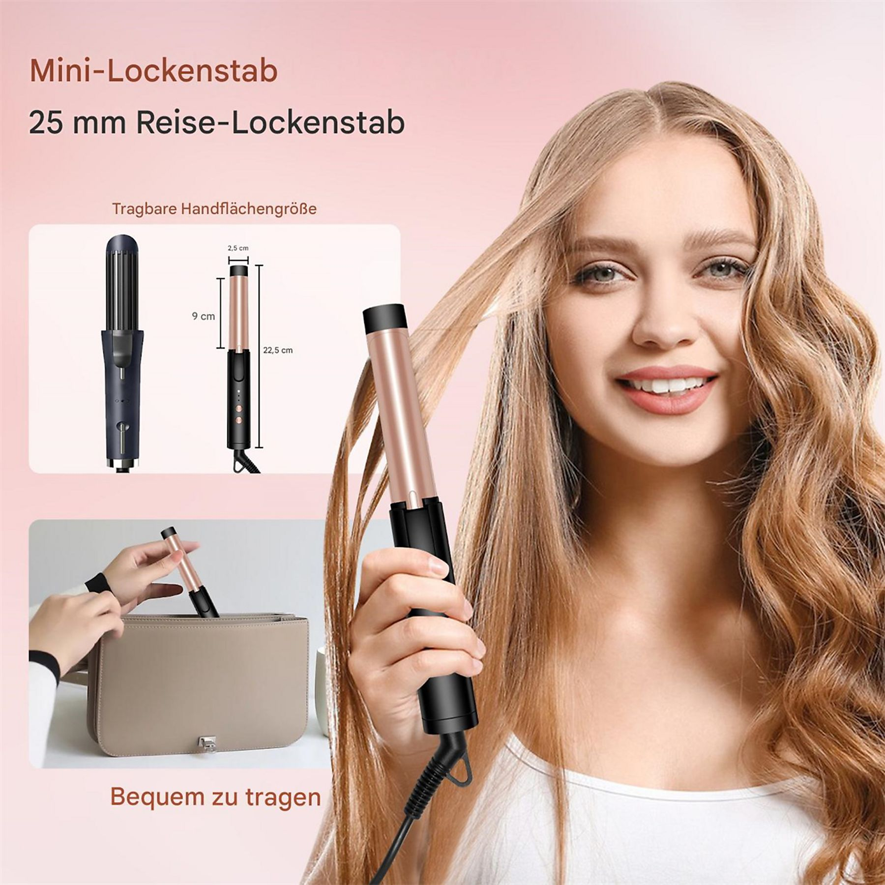 Eine Frau lächelt und hält einen Mini-Lockenstab, und die Abmessungen werden angezeigt.
