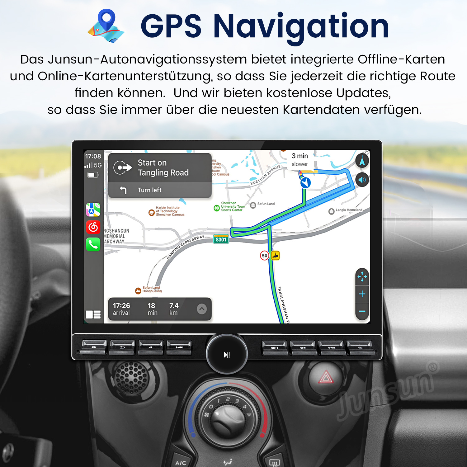 Der Armaturenbrettbildschirm eines Autos zeigt GPS-Navigation mit Karte und Wegbeschreibung.