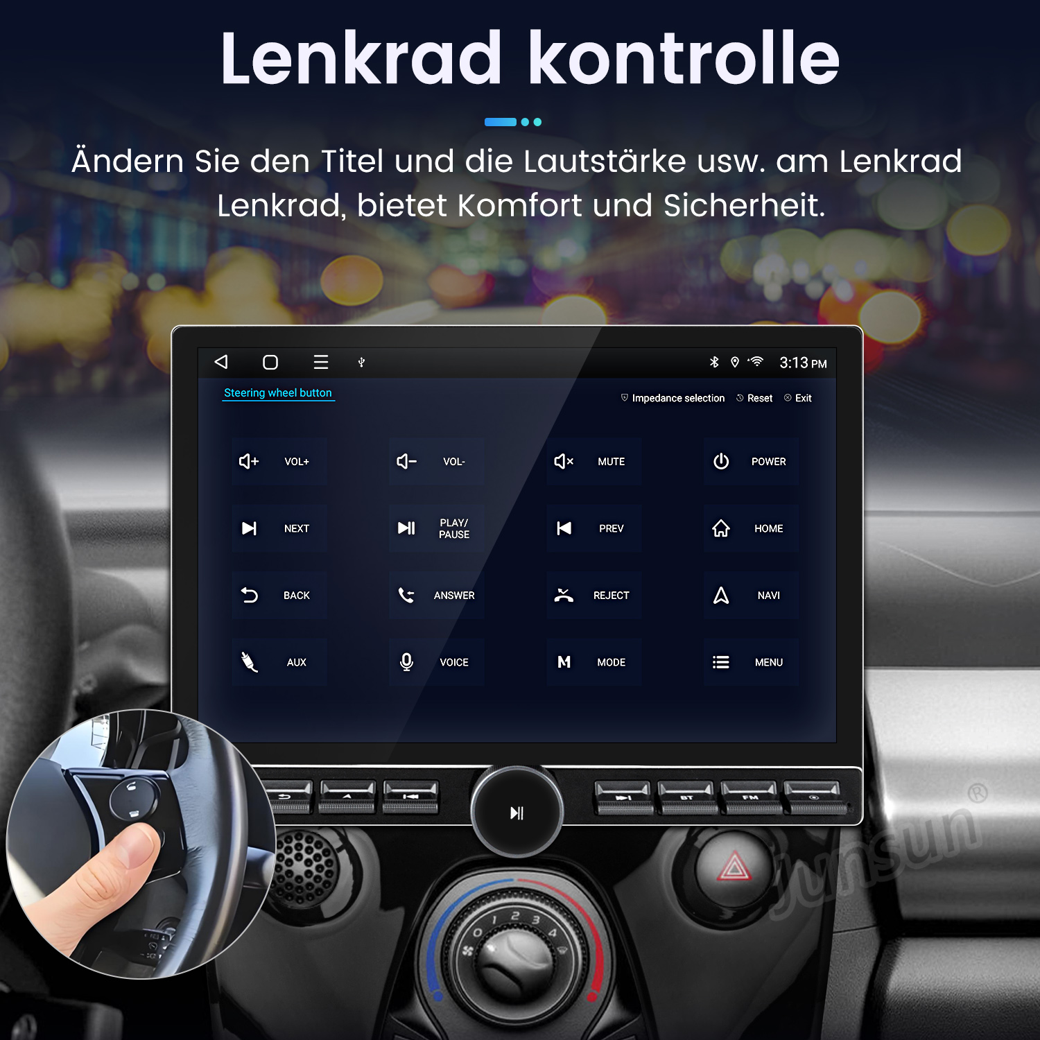 Auto-Armaturenbrett-Bildschirm mit Lenkradbedienelementen, Tasten für Lautstärke, Stummschaltung usw.