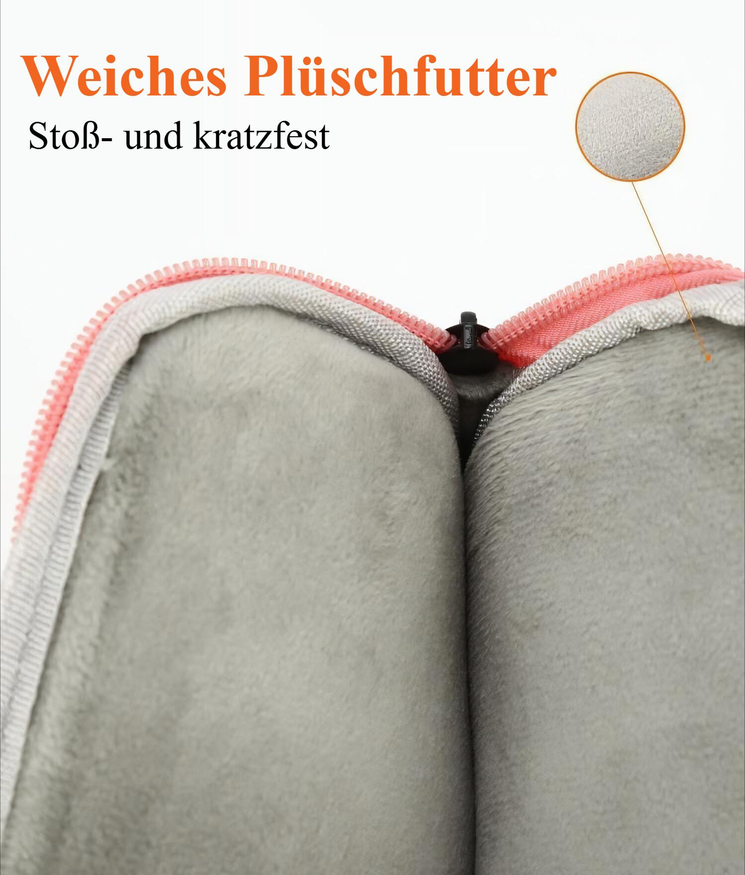 Offenes graues Gehäuse mit rosa Rand und schwarzem Reißverschluss, ausgekleidet mit weichem, grauem Plüschmaterial. Nahaufnahme des Innenraums.