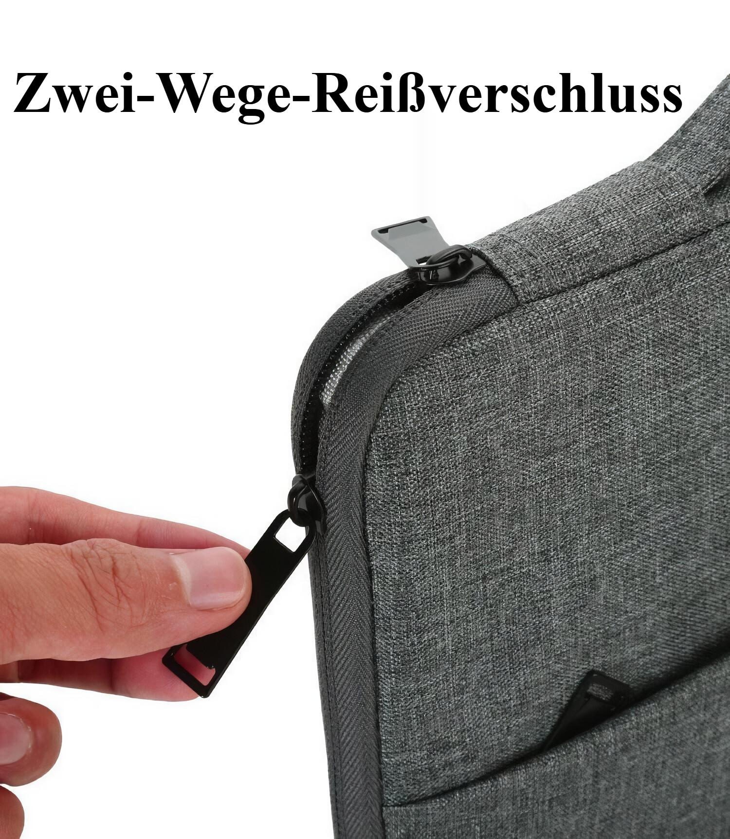 Nahaufnahme einer Hand, die am Reißverschluss eines grauen Laptop-Etuis zieht und das Zwei-Wege-Reißverschluss-Design zeigt.