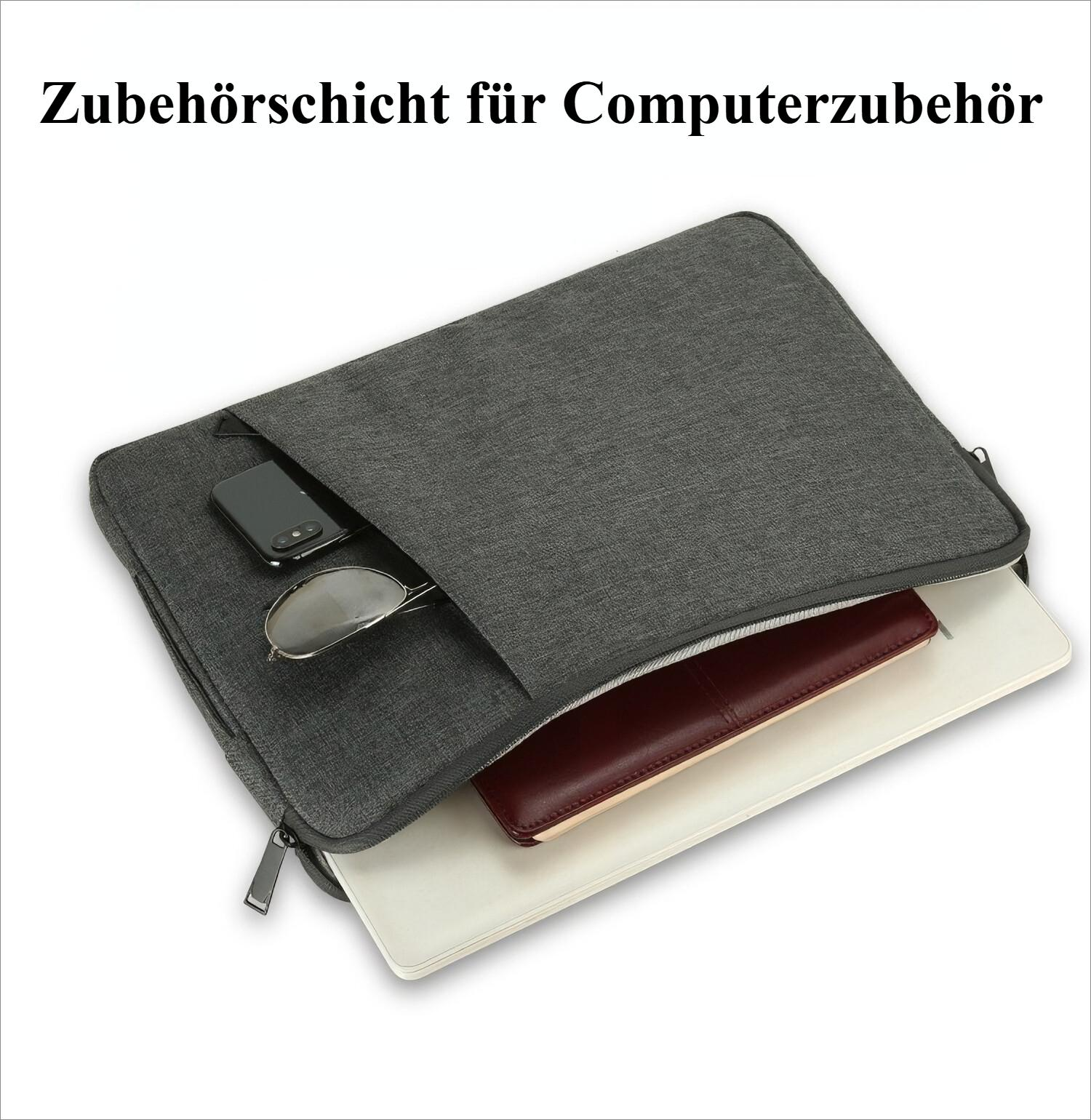 Graue Laptoptasche mit Zubehör: Telefon, Brille, Geldbörse und Laptop, alles ordentlich darin verstaut.