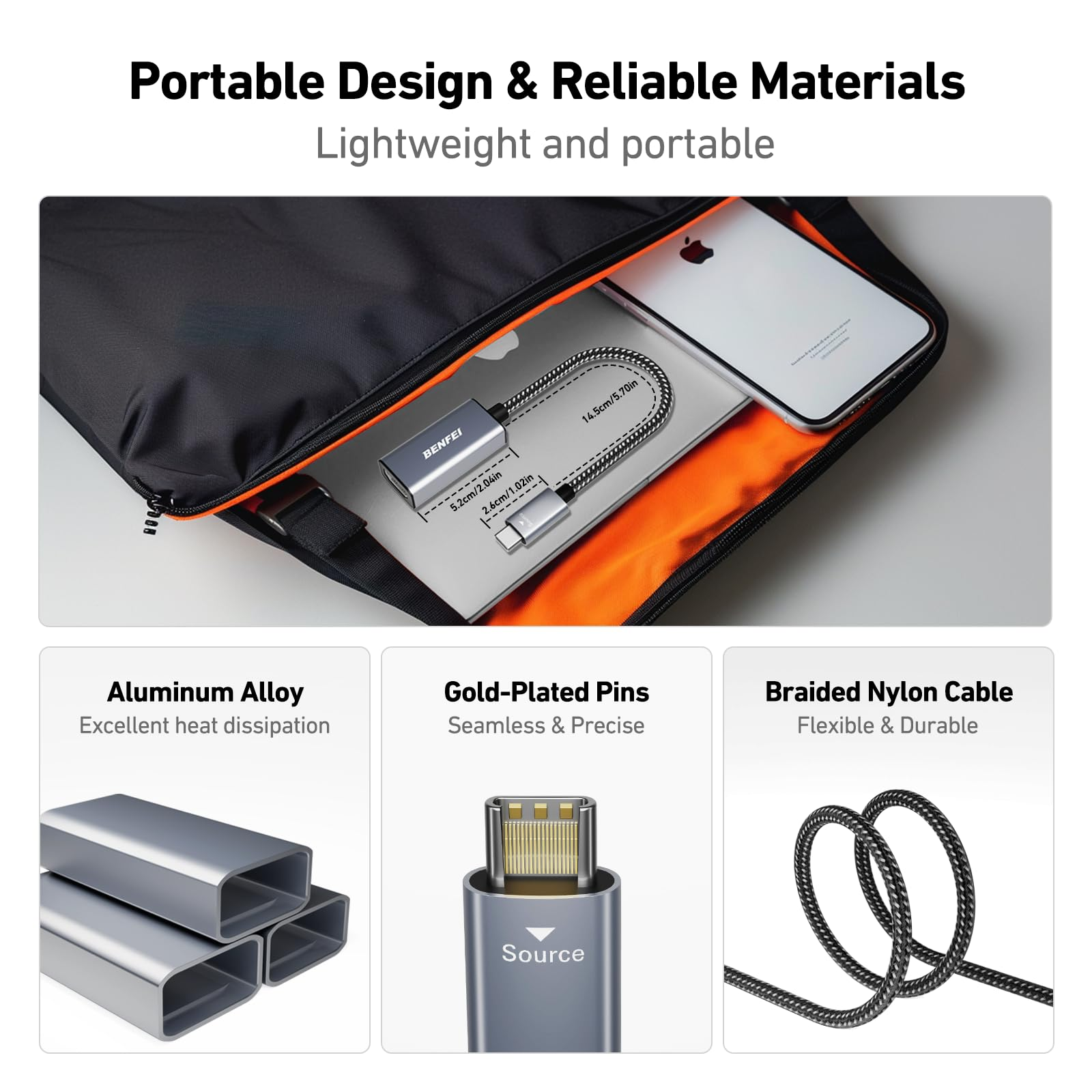 BENFEI-Adapter in einer schwarzen Tasche mit einem Laptop, der sein tragbares Design und seine zuverlässigen Materialien hervorhebt.