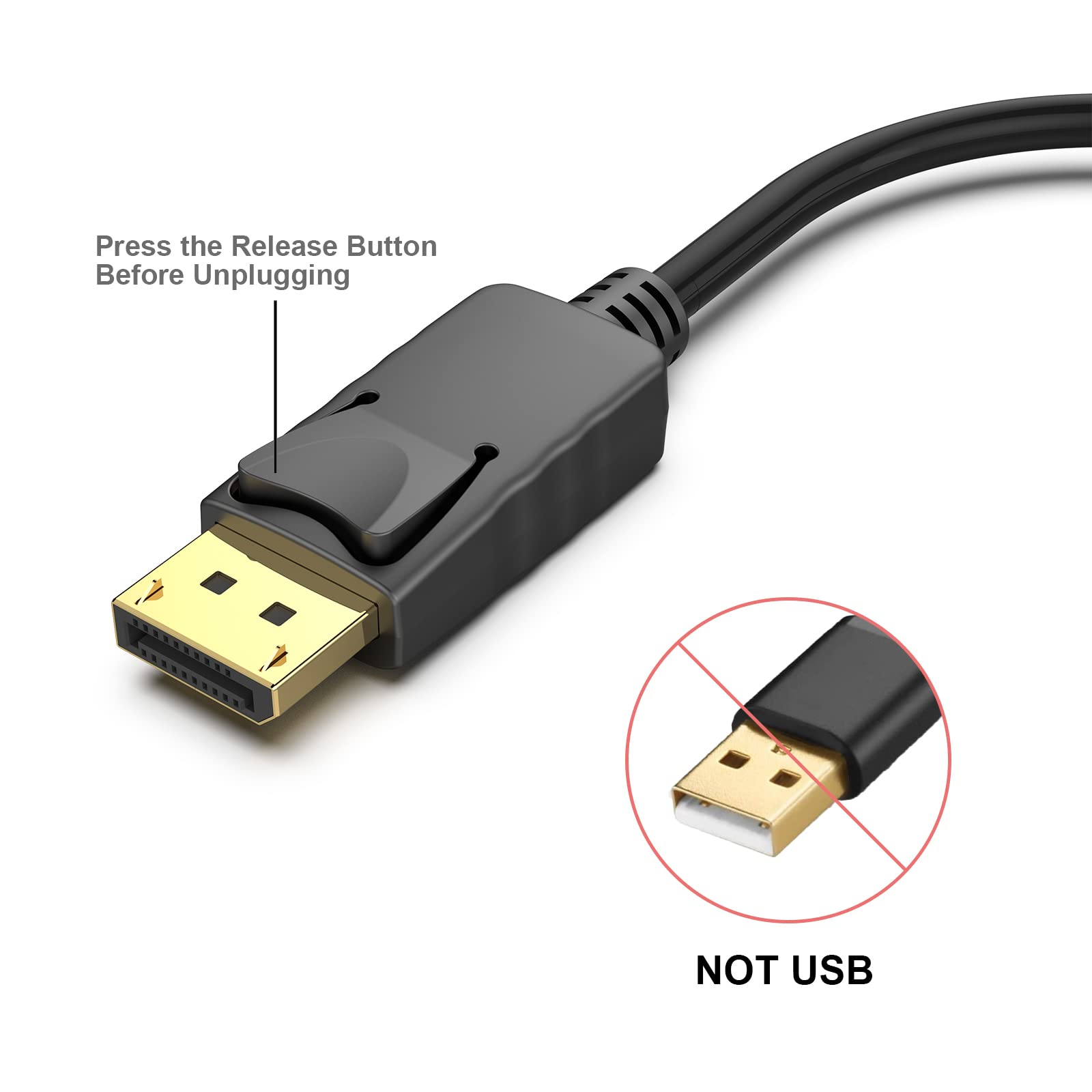 Ein DisplayPort-Anschluss mit einer Entriegelungstaste, der hervorhebt, dass es sich nicht um einen USB-Anschluss handelt, vor einem weißen Hintergrund.