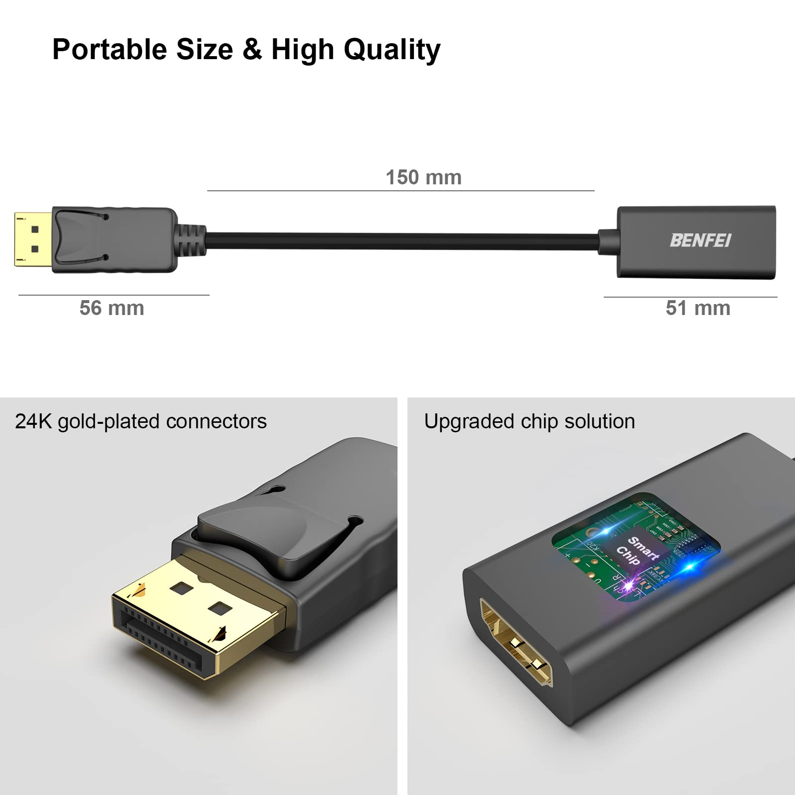 Diagramm mit den Abmessungen eines Benfei-Adapters: 150 mm Kabel, 56 mm DisplayPort und 51 mm HDMI-Anschluss.
