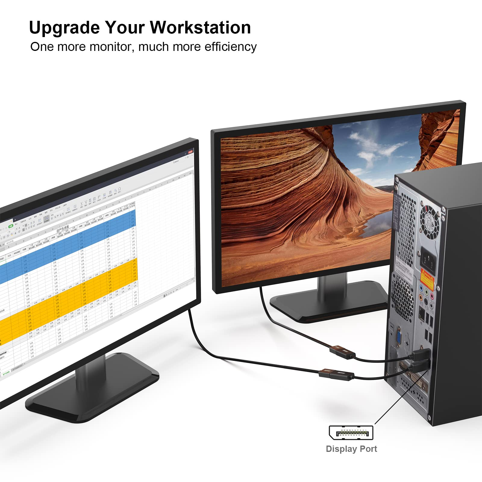 Zwei Monitore und ein Computertower sind durch Kabel auf einem weißen Hintergrund verbunden.