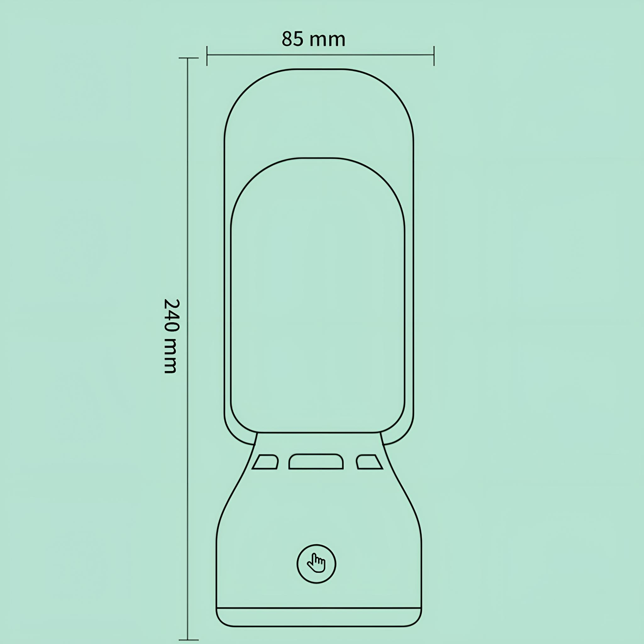 Umriss einer weißen Lampe mit Abmessungen in Millimetern. Oben hat einen Griff, unten einen Power-Knopf.