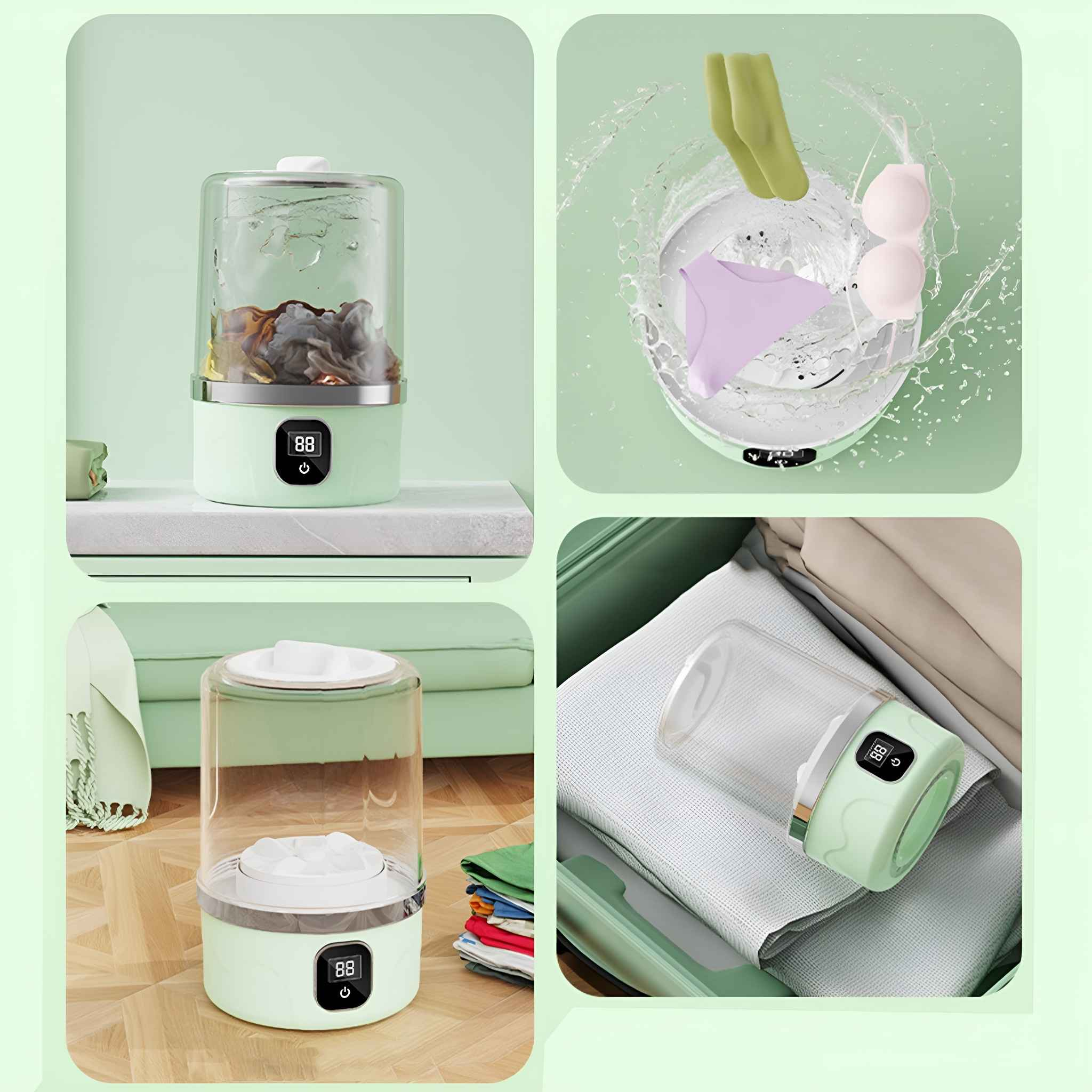 Collage einer grünen Mini-Waschmaschine in verschiedenen Umgebungen. Inklusive Kleidung und Wasser im Inneren.