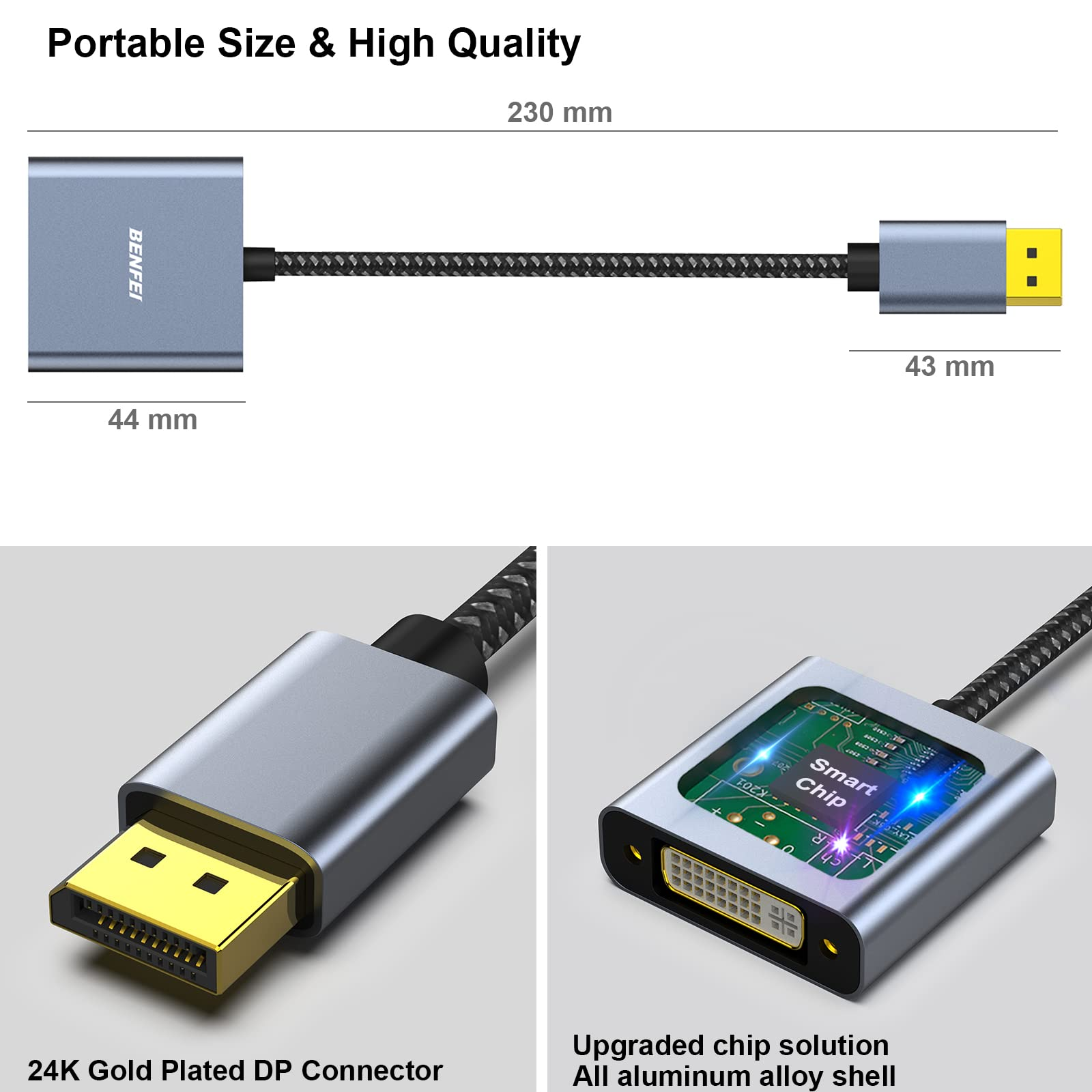 Das Bild zeigt einen blauen Displayport-Adapter mit einem goldenen Anschluss und einem schwarzen geflochtenen Kabel auf weißem Hintergrund.
