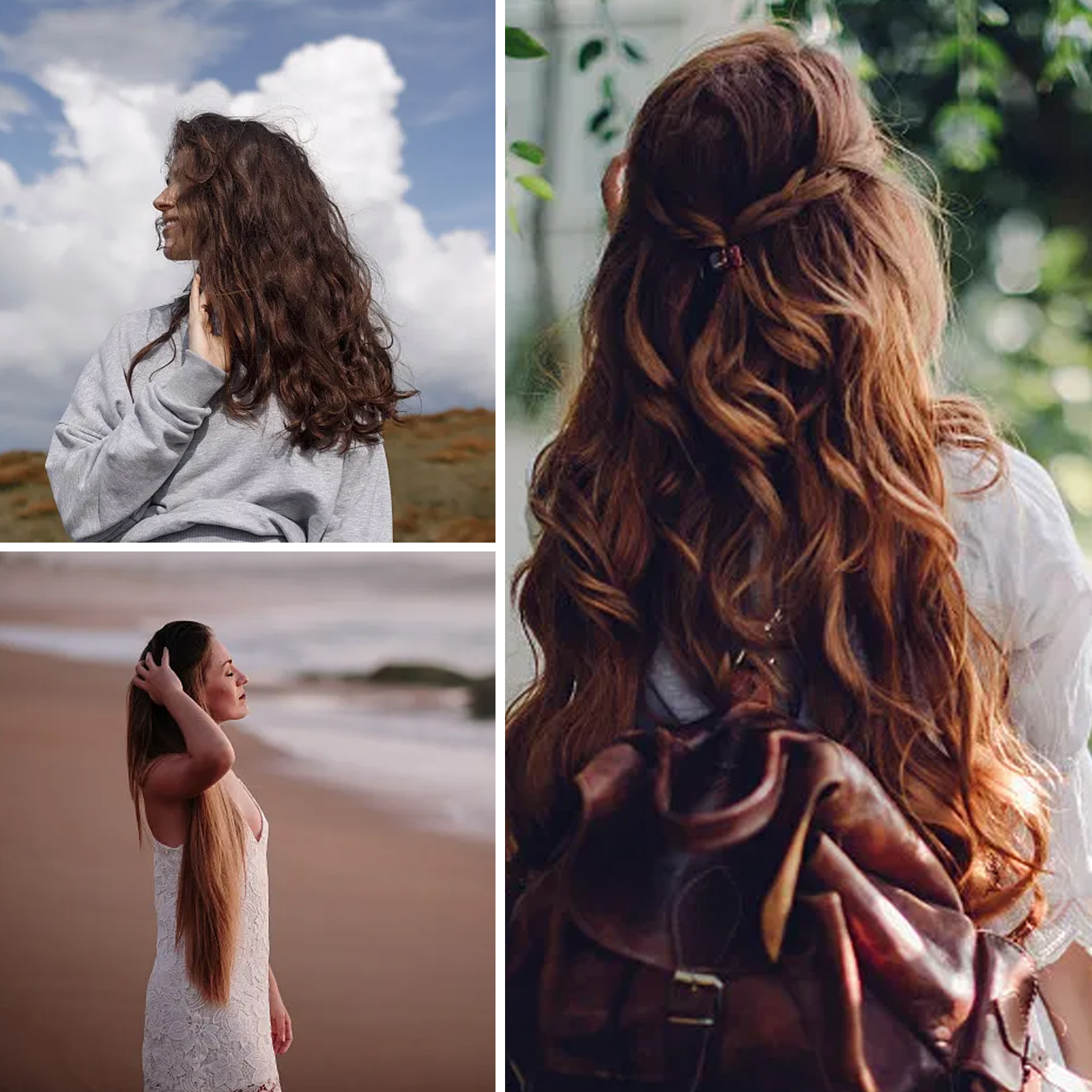Das Bild zeigt drei Fotos von Frauen mit langen Haaren, die unterschiedlich gestylt sind und vor verschiedenen Hintergründen aufgenommen wurden.