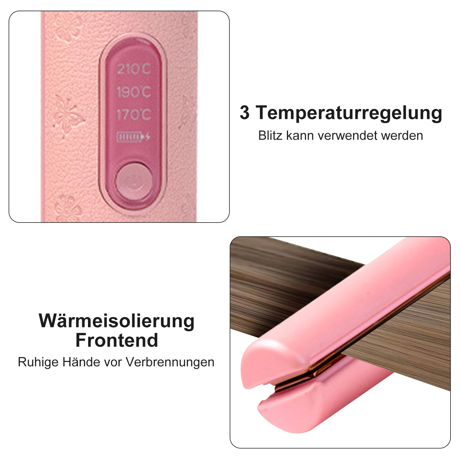 Das Bild zeigt Nahaufnahmen eines rosafarbenen Haarglätters, wobei der Fokus auf Temperaturreglern und Heizplatten liegt.