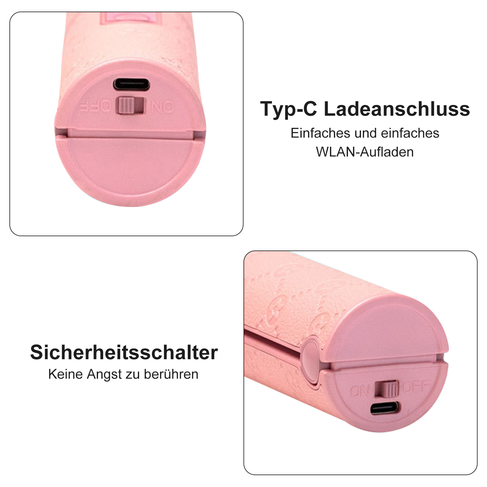 Das Bild zeigt einen rosafarbenen Haarglätter mit einem Typ-C-Ladeanschluss und einem Sicherheitsschalter.