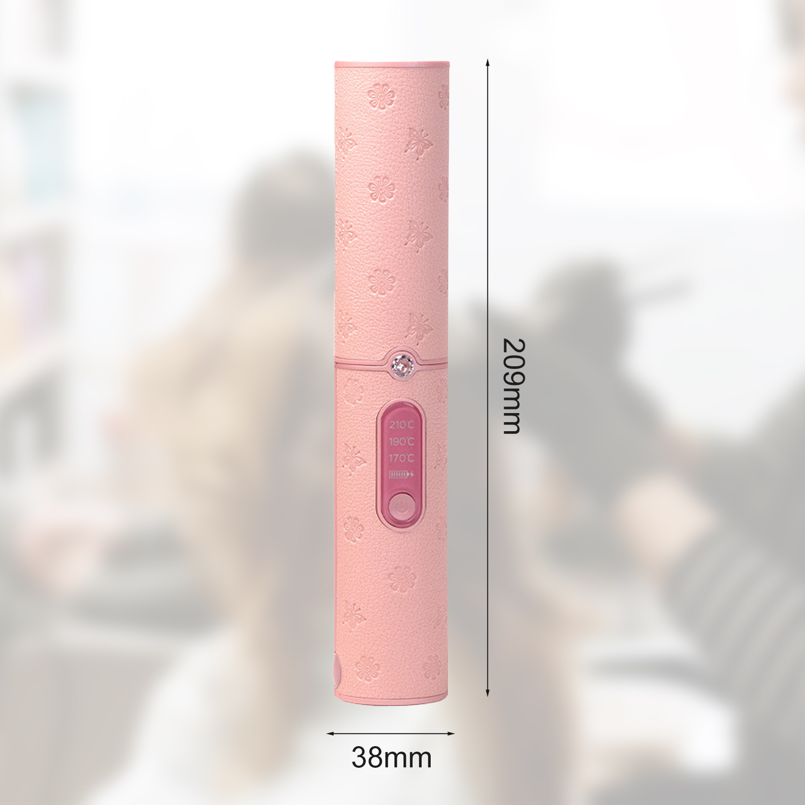 Das Bild zeigt einen rosafarbenen Haarglätter und hebt seine Abmessungen hervor: 209 mm Höhe und 38 mm Breite.
