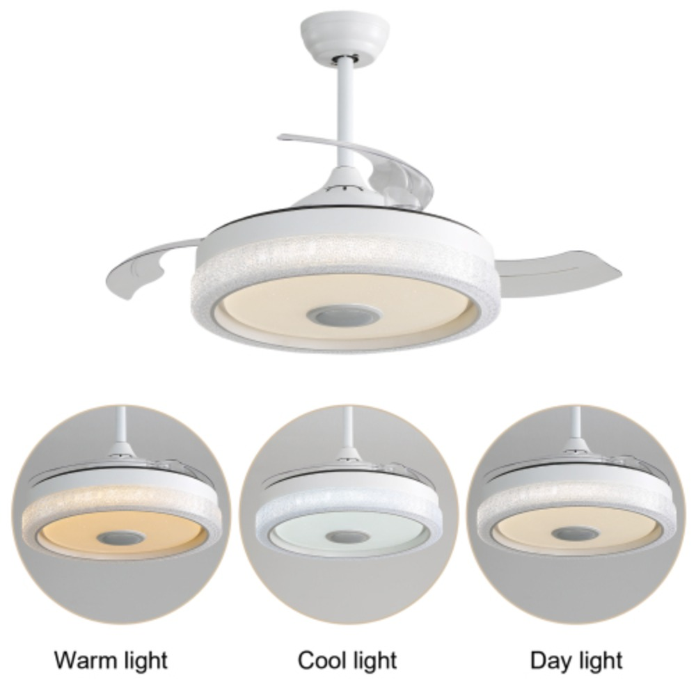 Das Bild zeigt einen weißen Deckenventilator mit LED-Leuchten in warmen, kühlen und Tageslichteinstellungen.