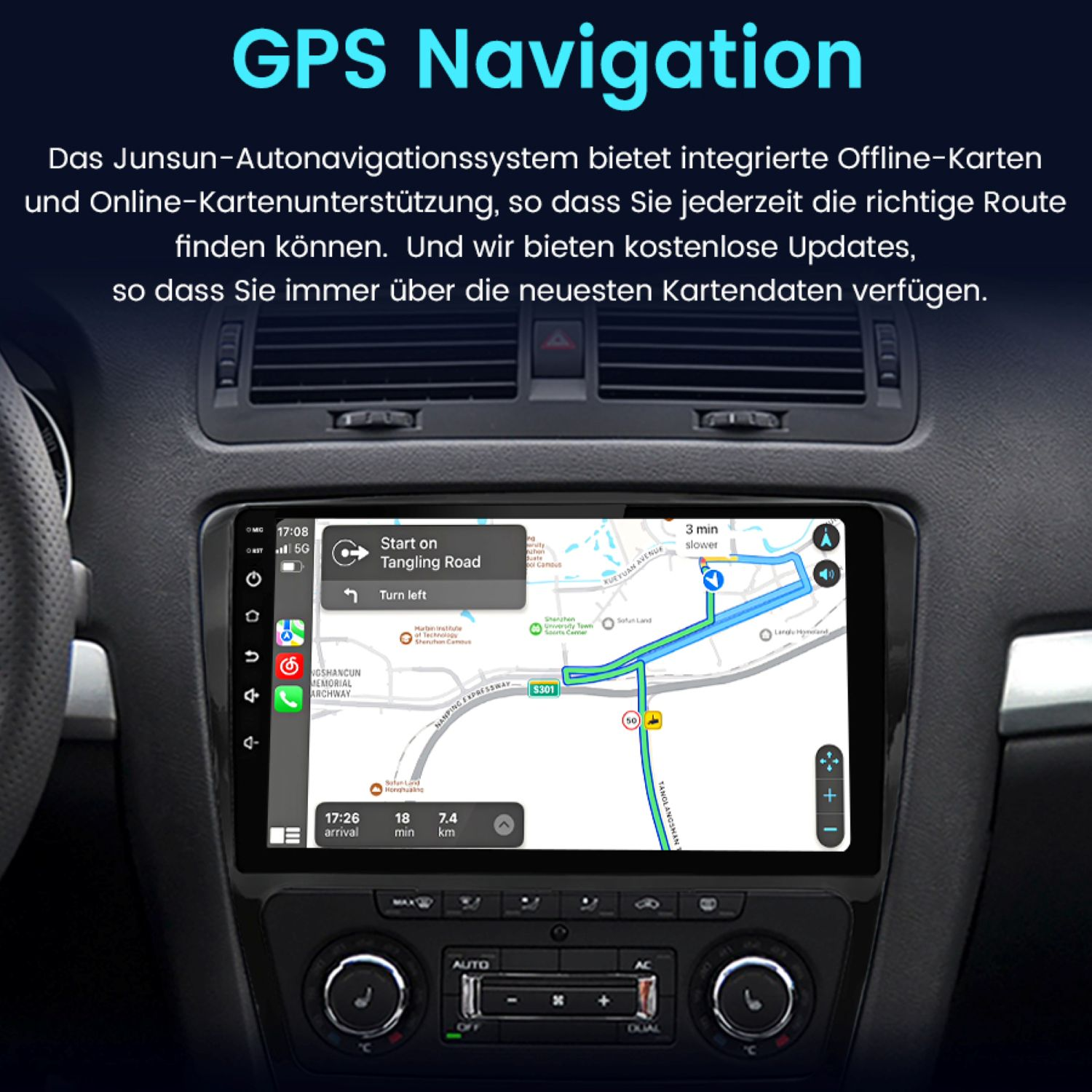 Das Armaturenbrett eines Autos mit einem GPS-Navigationssystem zeigt eine Karte mit Wegbeschreibungen und Ankunftsinformationen.