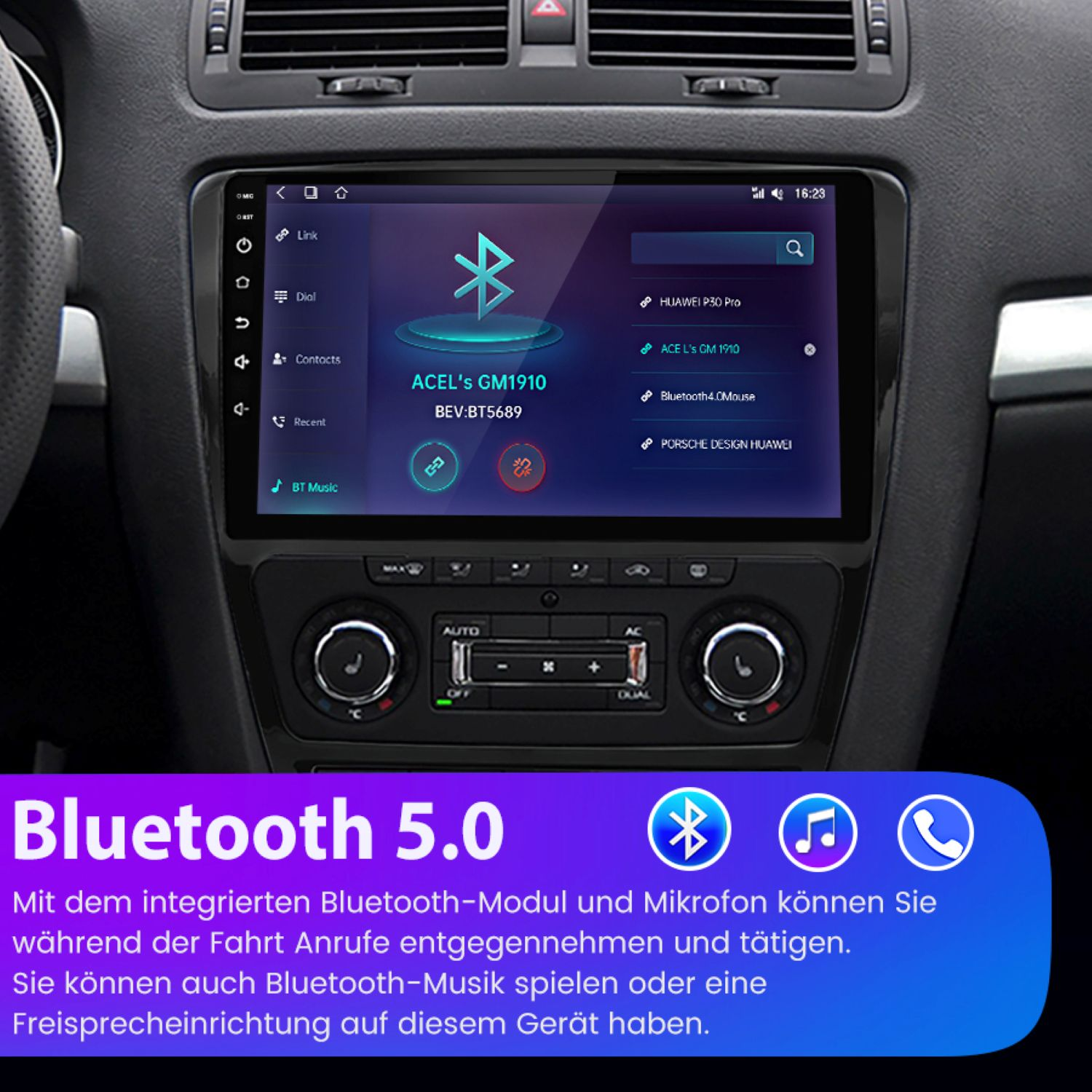 Das Armaturenbrettdisplay eines Autos zeigt Bluetooth 5.0-Konnektivität mit Geräteoptionen und Musiksteuerungen.