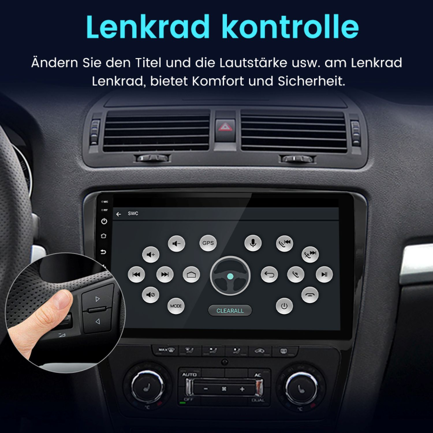 Das Armaturenbrettdisplay eines Autos zeigt eine Lenkradsteuerungsschnittstelle mit verschiedenen Funktionssymbolen.