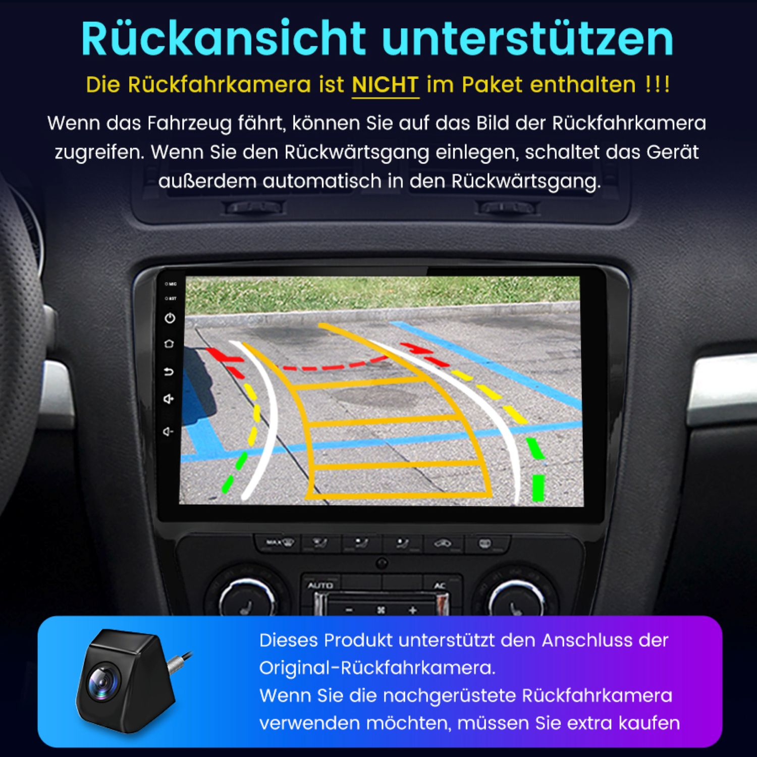 Das Armaturenbrettdisplay eines Autos zeigt eine Rückfahrkameraansicht mit Richtlinien für die Einparkhilfe.