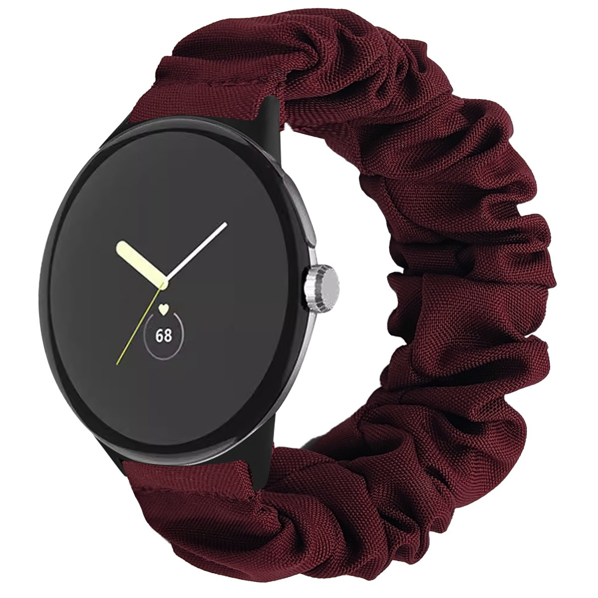 Uno smartwatch con cinturino scrunchie bordeaux mostra 68 sul suo quadrante.