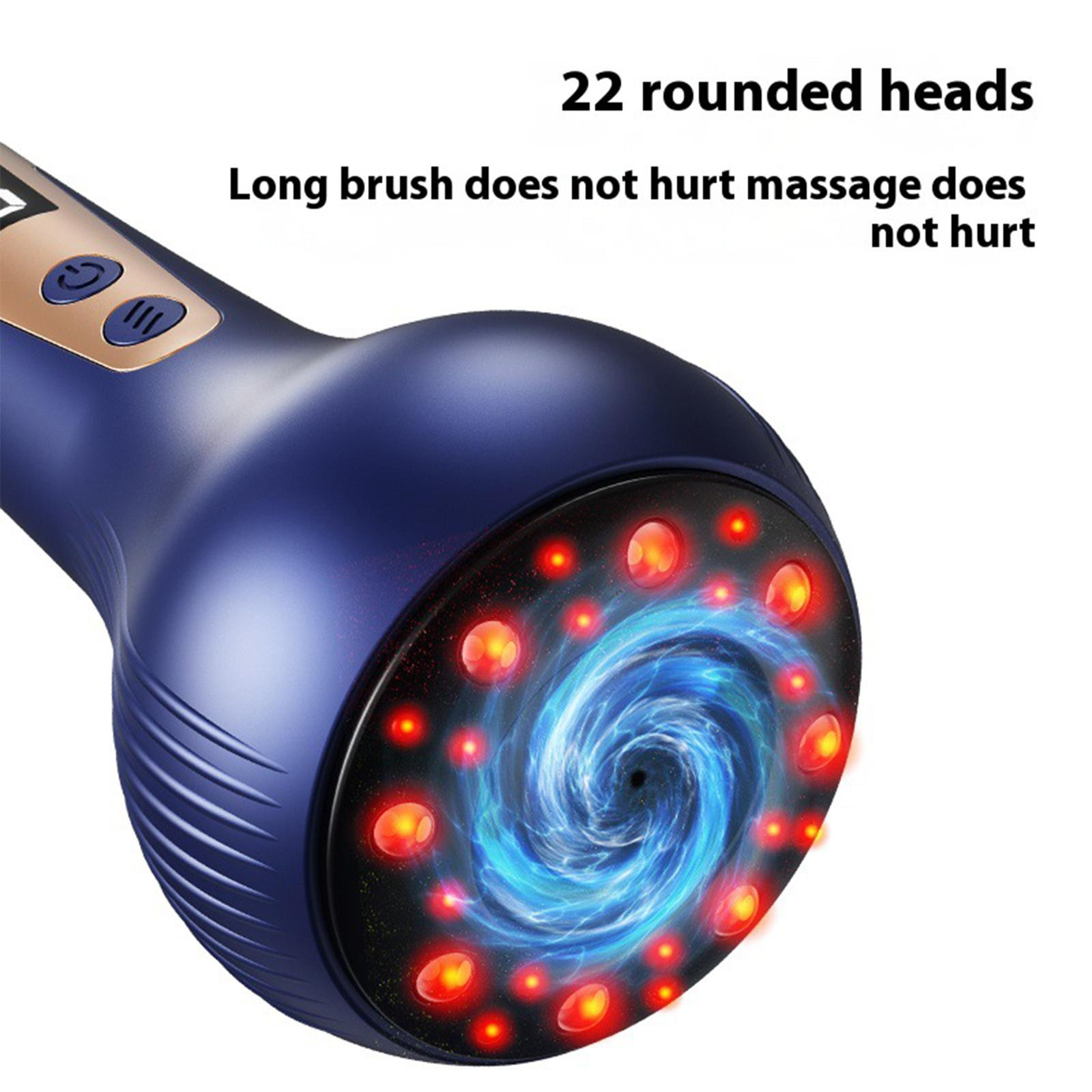 Nahaufnahme eines blauen Massagegerätekopfes mit roten Lichtern und einem blauen Spiralmuster.