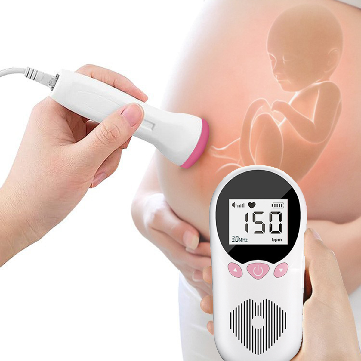 Hand hält Fötal-Doppler gegen schwangeren Bauch, zeigt Babybild und 150 bpm Herzschlag.