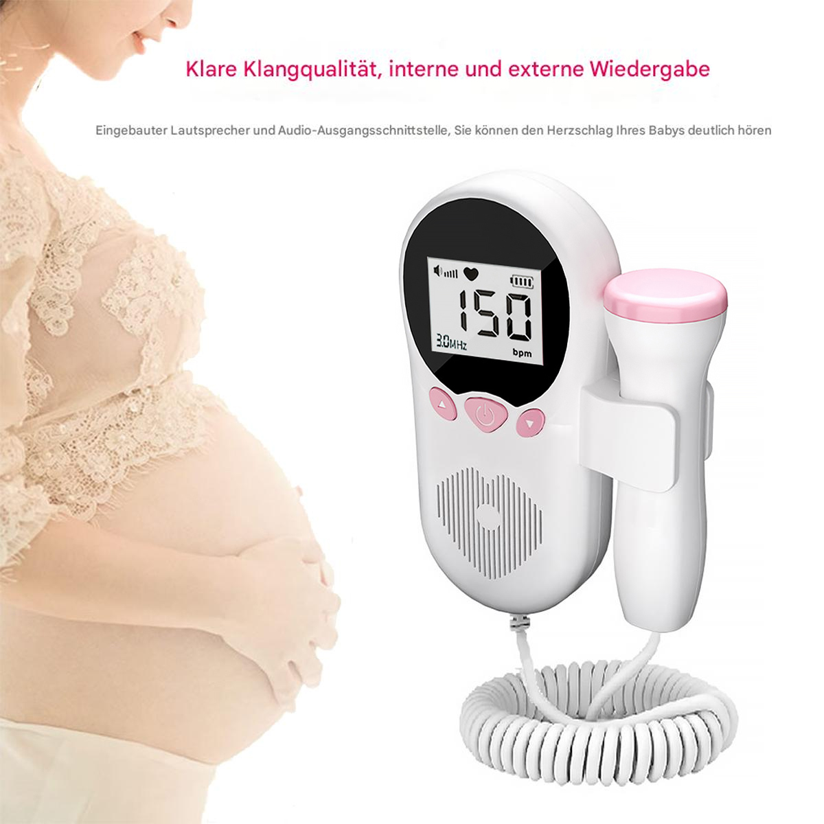 Schwangere Frau mit Fötal-Doppler, der 150 Schläge pro Minute auf dem Bildschirm anzeigt, was auf den fetalen Herzschlag hinweist.
