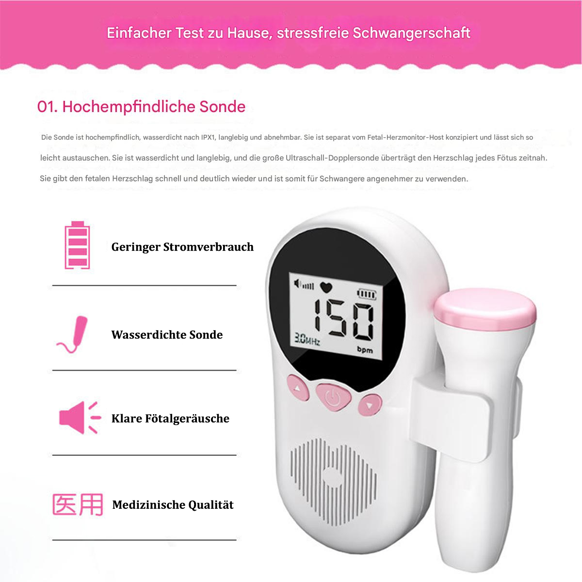 Fötal-Doppler-Gerät, das 150 Schläge pro Minute anzeigt, was auf den fetalen Herzschlag hinweist, mit Text über Tests zu Hause.