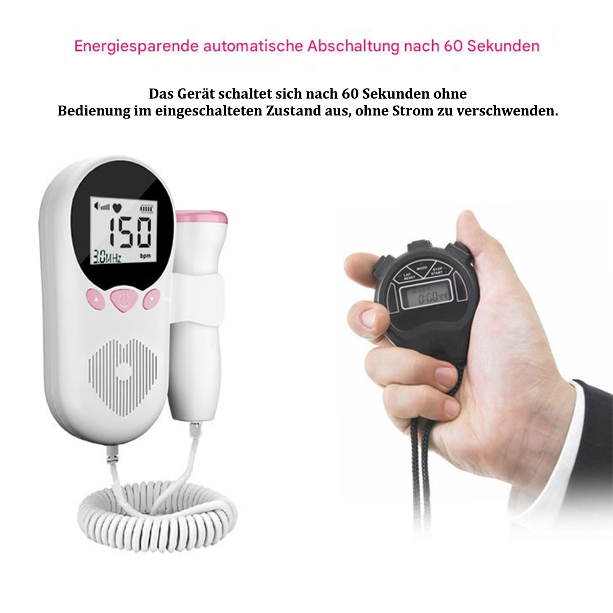 Fötal-Doppler-Gerät und Stoppuhr, was auf eine zeitgesteuerte Überwachung des fetalen Herzschlags hindeutet.
