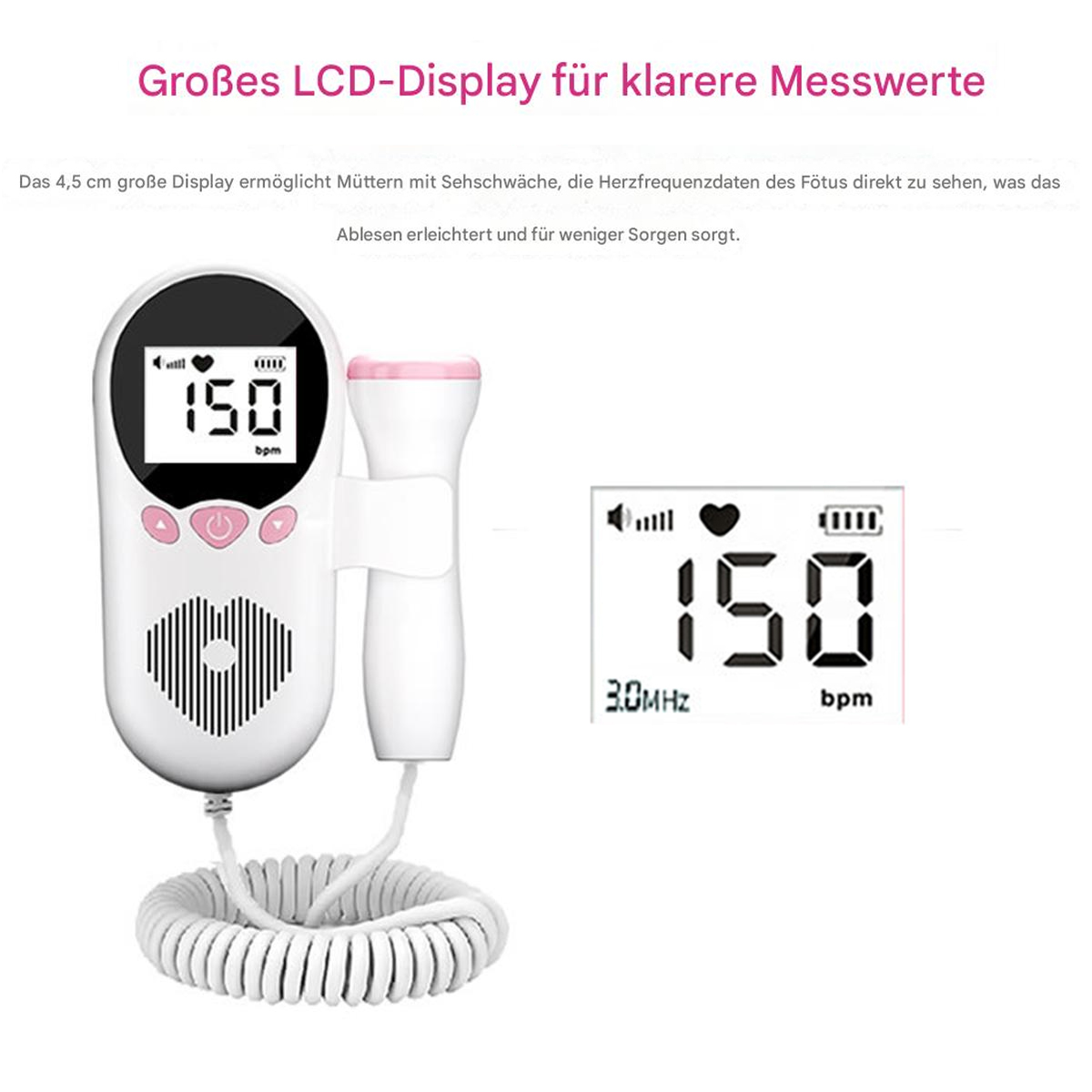 Fötal-Doppler-Gerät, das 150 Schläge pro Minute anzeigt und das große LCD-Display für klare Messwerte hervorhebt.