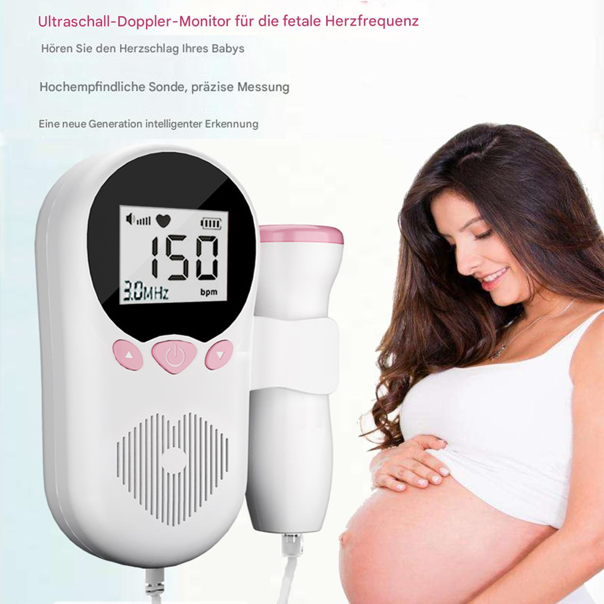 Schwangere Frau mit Fötal-Doppler, der 150 Schläge pro Minute auf dem Bildschirm anzeigt, was auf den fetalen Herzschlag hinweist.