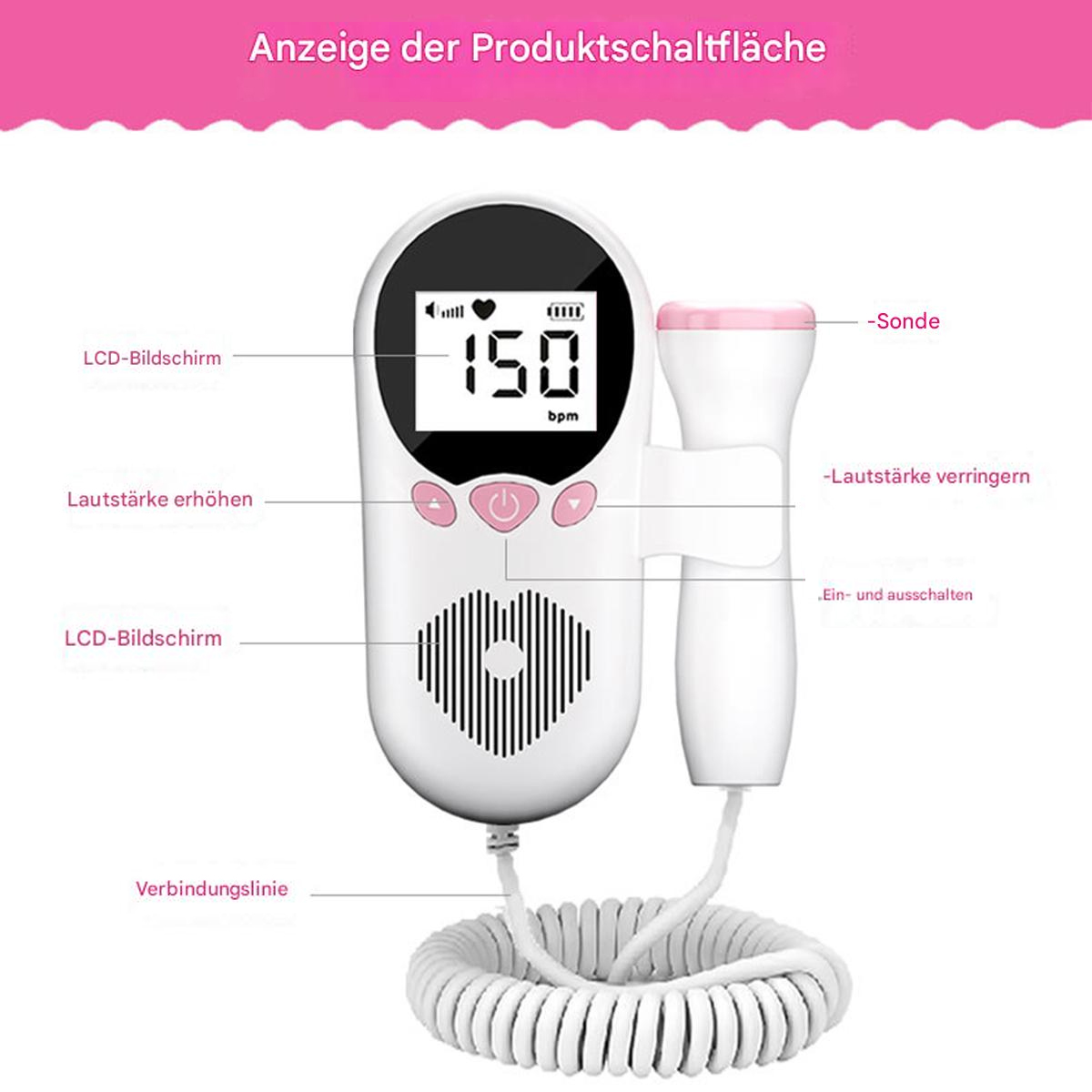 Fötaler Doppler mit LCD-Bildschirm, der die fetale Herzfrequenz anzeigt. Das Gerät ist weiß mit rosa Akzenten.