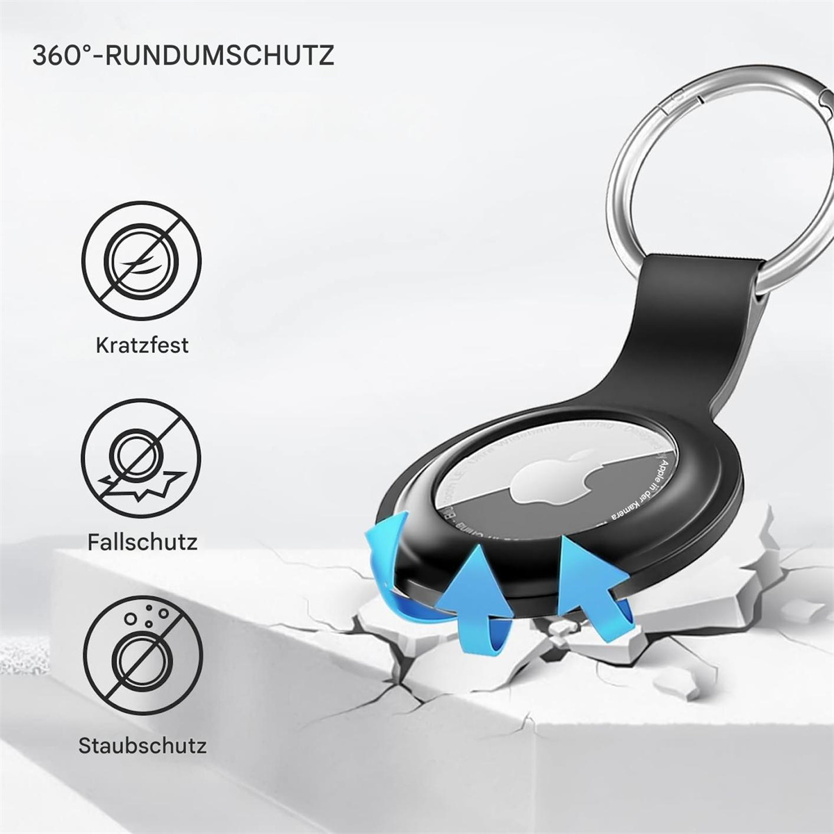 Ein schwarzer AirTag wird mit Symbolen angezeigt, die Kratz-, Fall- und Staubschutz anzeigen.