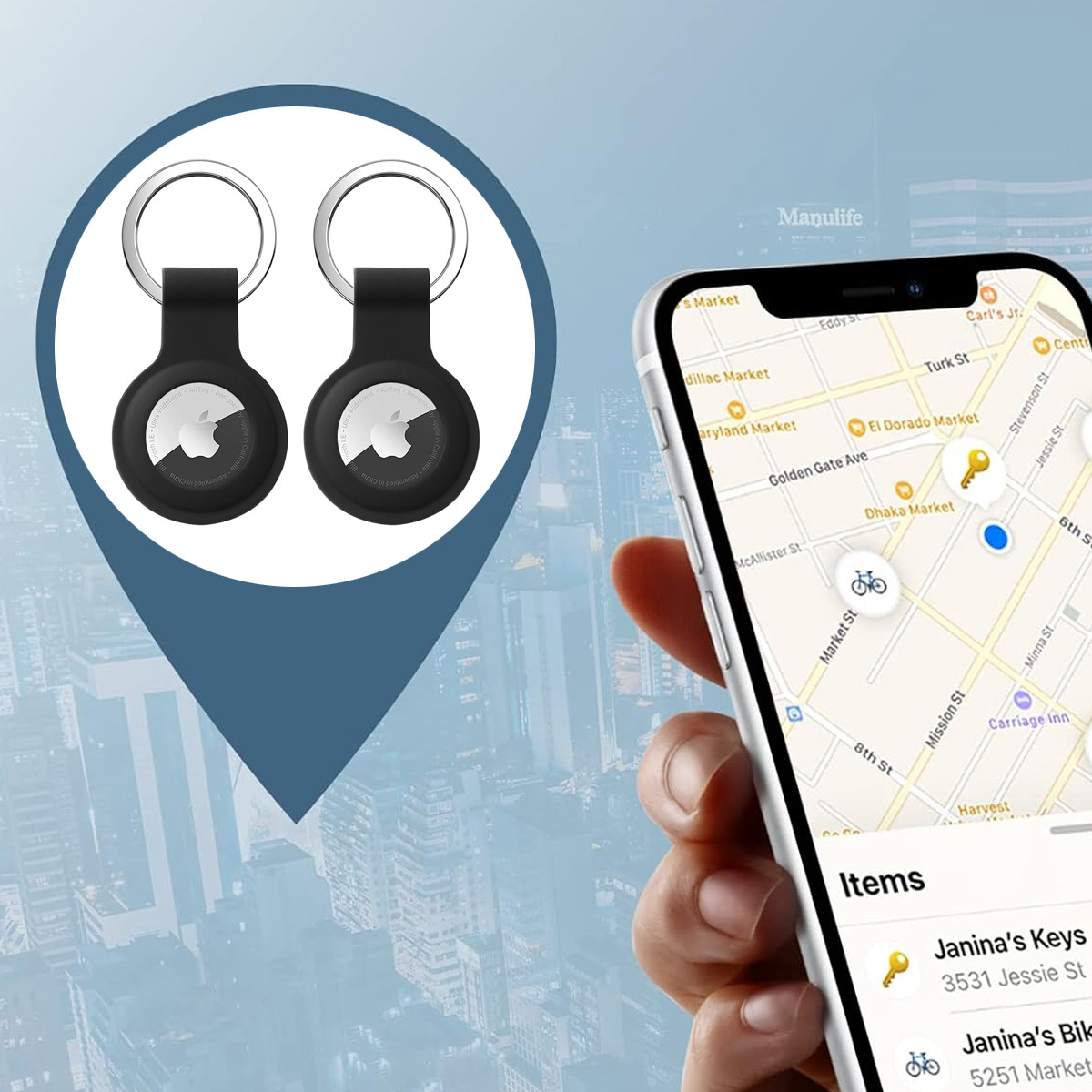 Zwei schwarze AirTags werden mit einem Telefon angezeigt, das eine Karte mit Standortdetails zeigt.