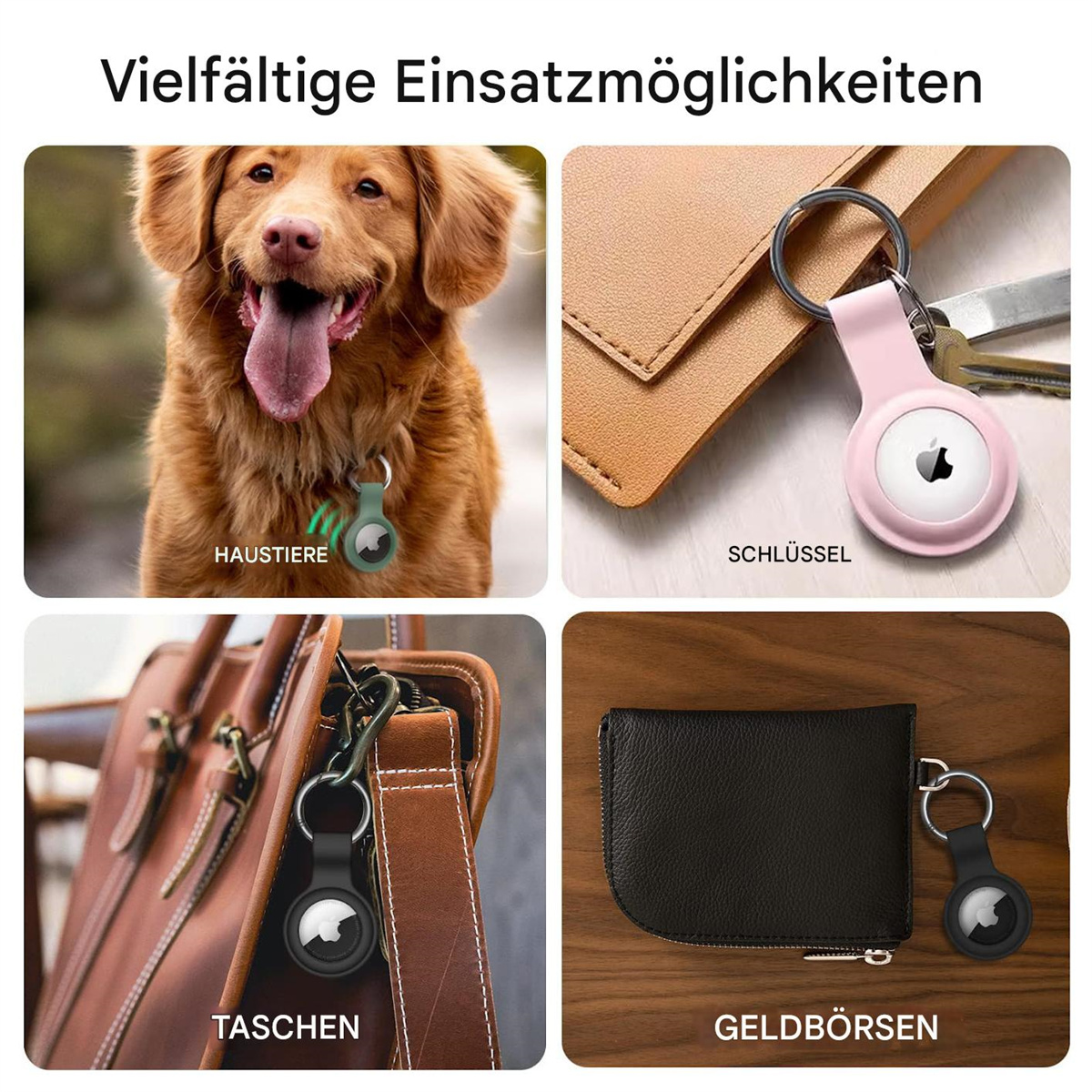 Eine Collage zeigt AirTags, die an einem Hund, Schlüsseln, einer Tasche und einer Brieftasche befestigt sind.