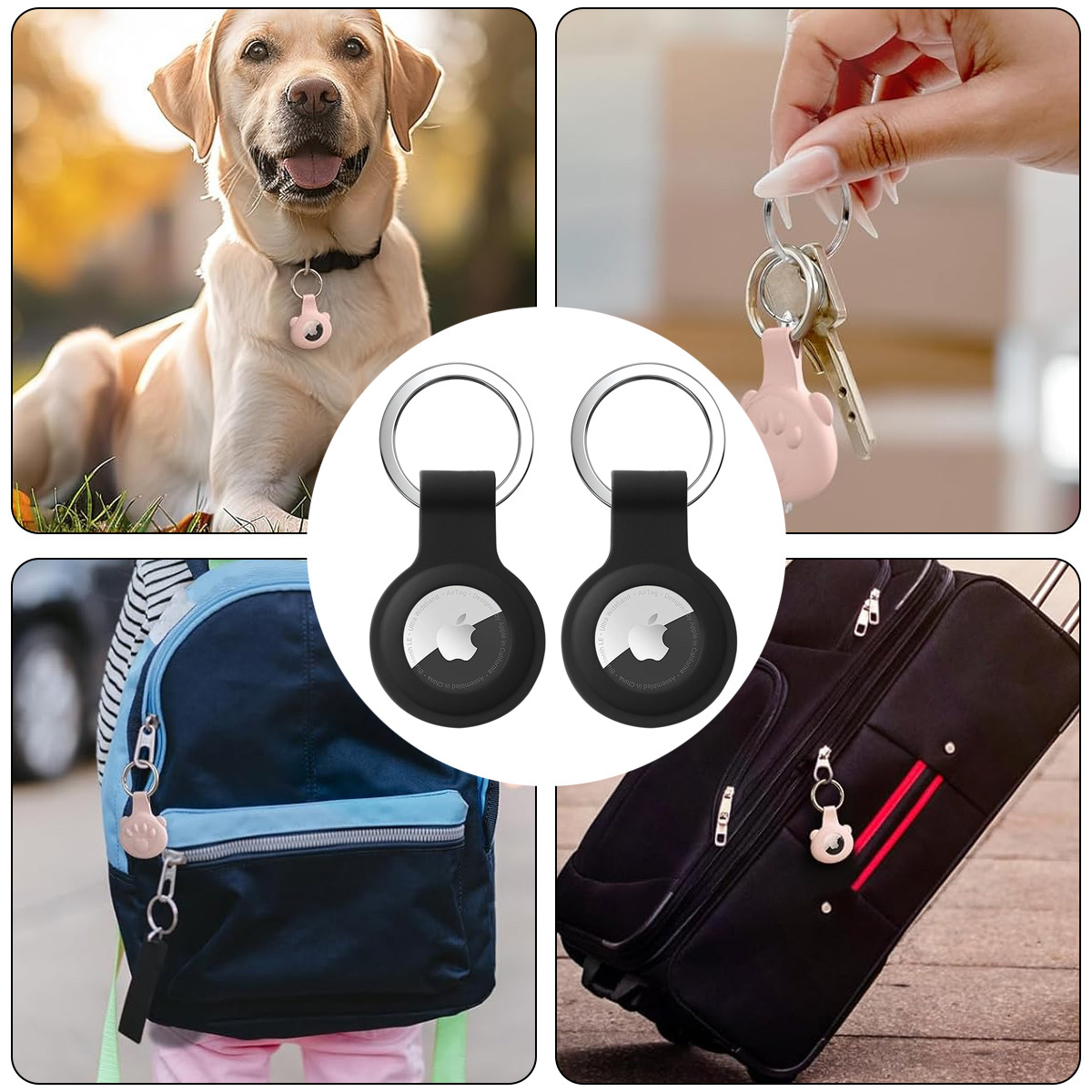 Eine Collage zeigt AirTags, die an einem Hund, Schlüsseln, einem Rucksack und Gepäck befestigt sind.